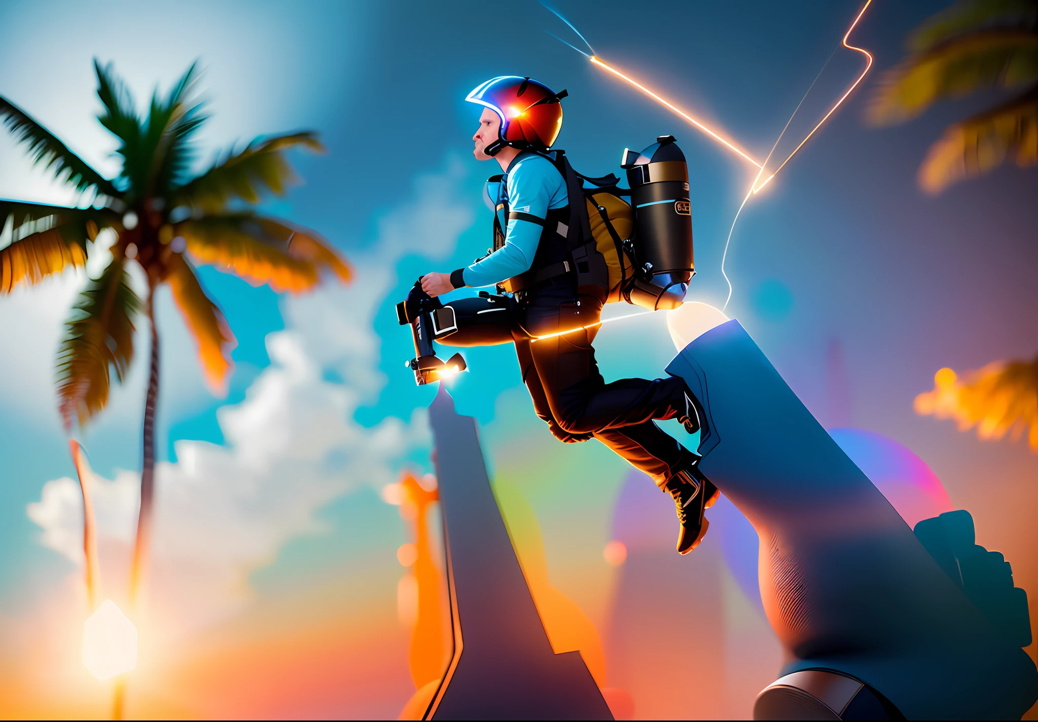 (8K, 4K, Best Quality, High Definition: 1.2), (Masteristic, Realistic, Photoreal: 1.37), adult who flies with a rocket pack on his back. Anatomically correct, sideways. Helmet. Jeans. Rocket jetting. Dark night. Palm tree in the background.