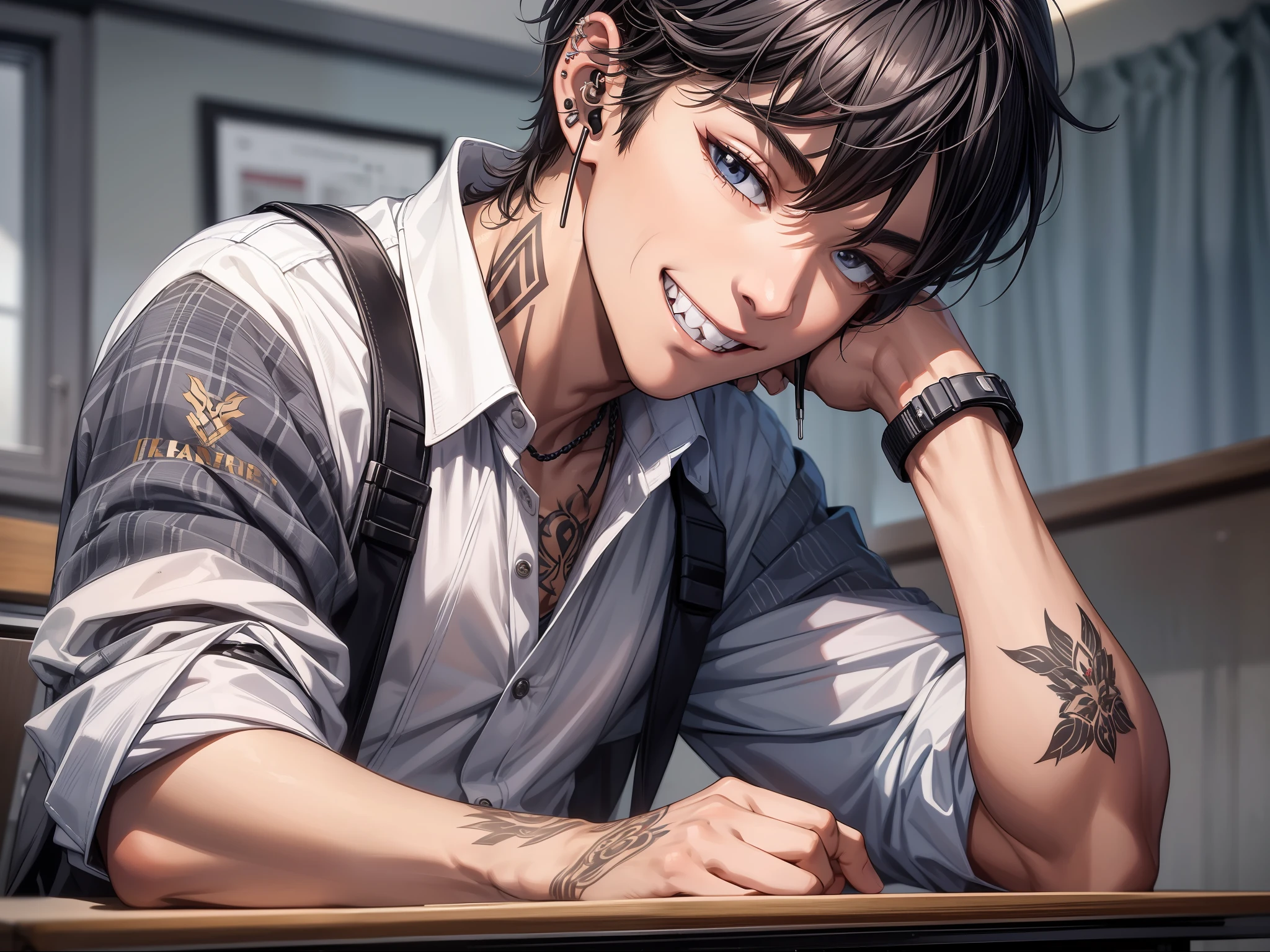 a handsome boy in school uniform, sitting in the table in class he smiling with his sharp teeth and he has piercing and tatto also he wearing earphone with intricate detail and complex detail, he is naughty boy and muscular.. people scared with him