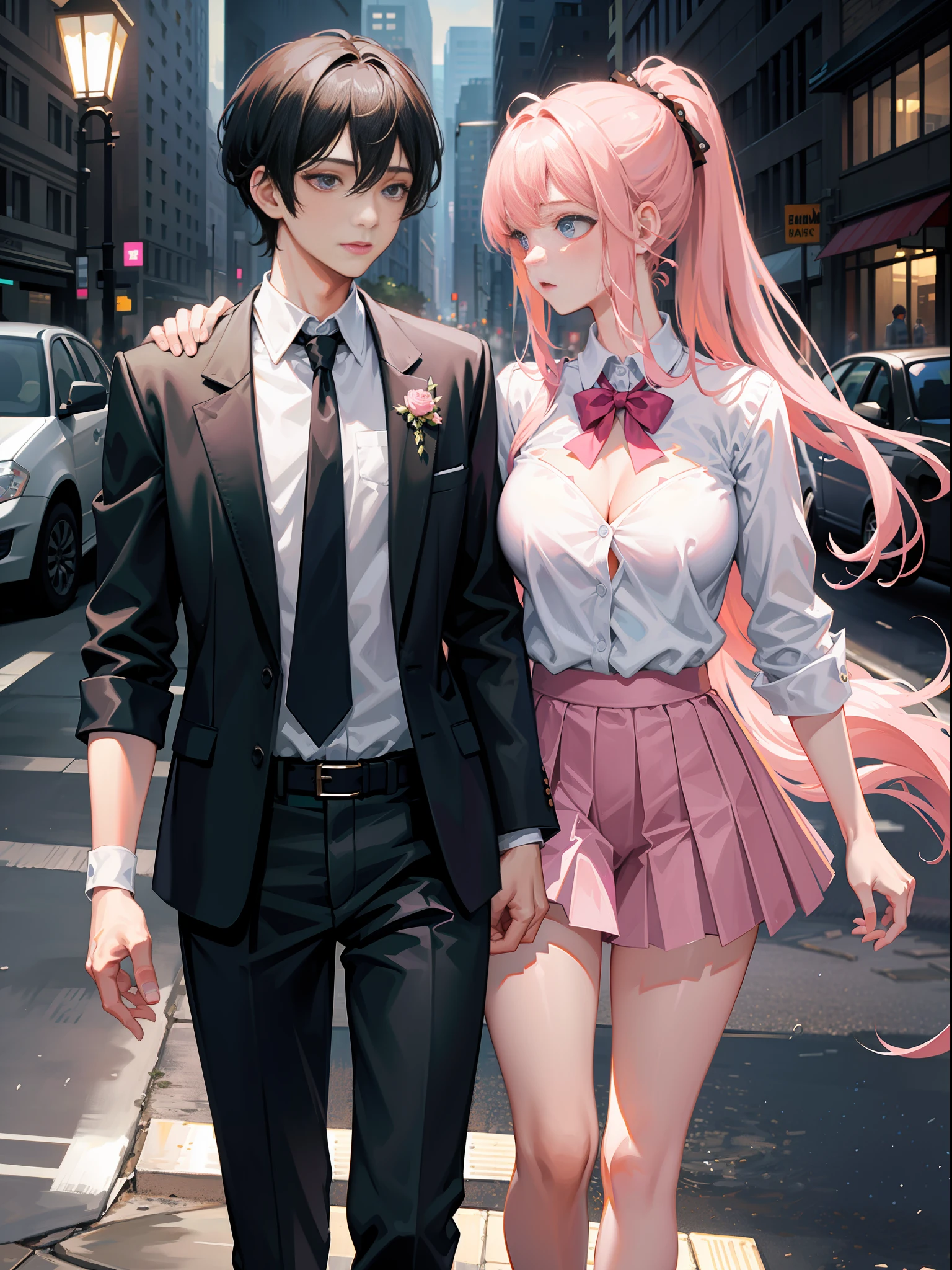 Masterpiece, best quality, super detailed, illustration, beautiful detailed eyes, close up, with a boy and a girl. It is pink hair, white pleated shirt, cracked clothing buttons, leaking cleavage, breast art, skirt. The boy is black hair, black suit, black pants. Boys and girls on the street, heavy rain weather