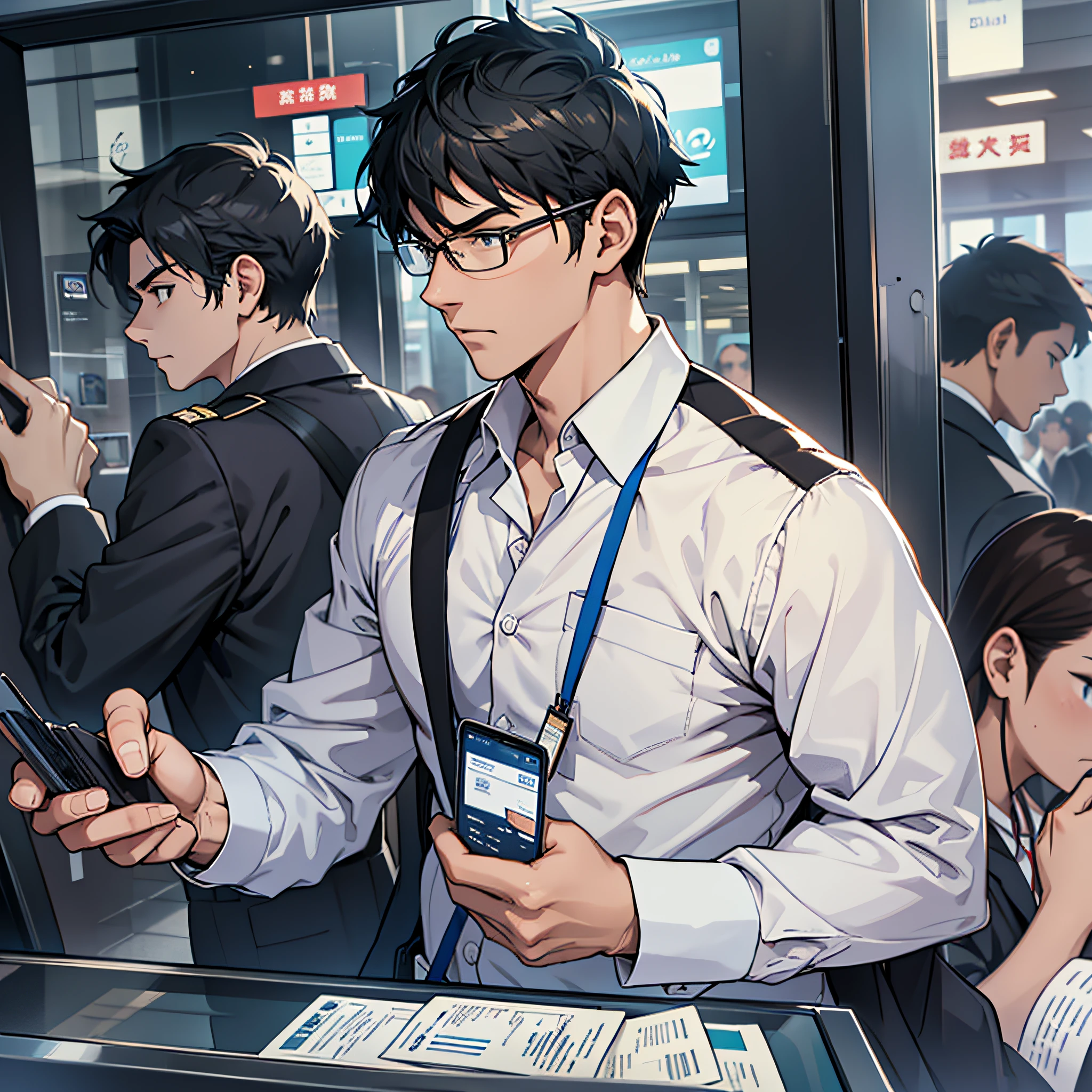 Camera angle: Shot from the side of the bank gate, the argument between the protagonist and the bank staff can be seen. Character action costume: the protagonist is still wearing ordinary clothes, the bank staff is wearing formal professional clothes, the attitude is cold, and the protagonist is holding the protagonist's ID card and household registration book in his hand, and the protagonist is a little anxious, pointing to his own documents. Background: At the gate of the bank, the flow of people is busy, and the bank staff and customers come and go.