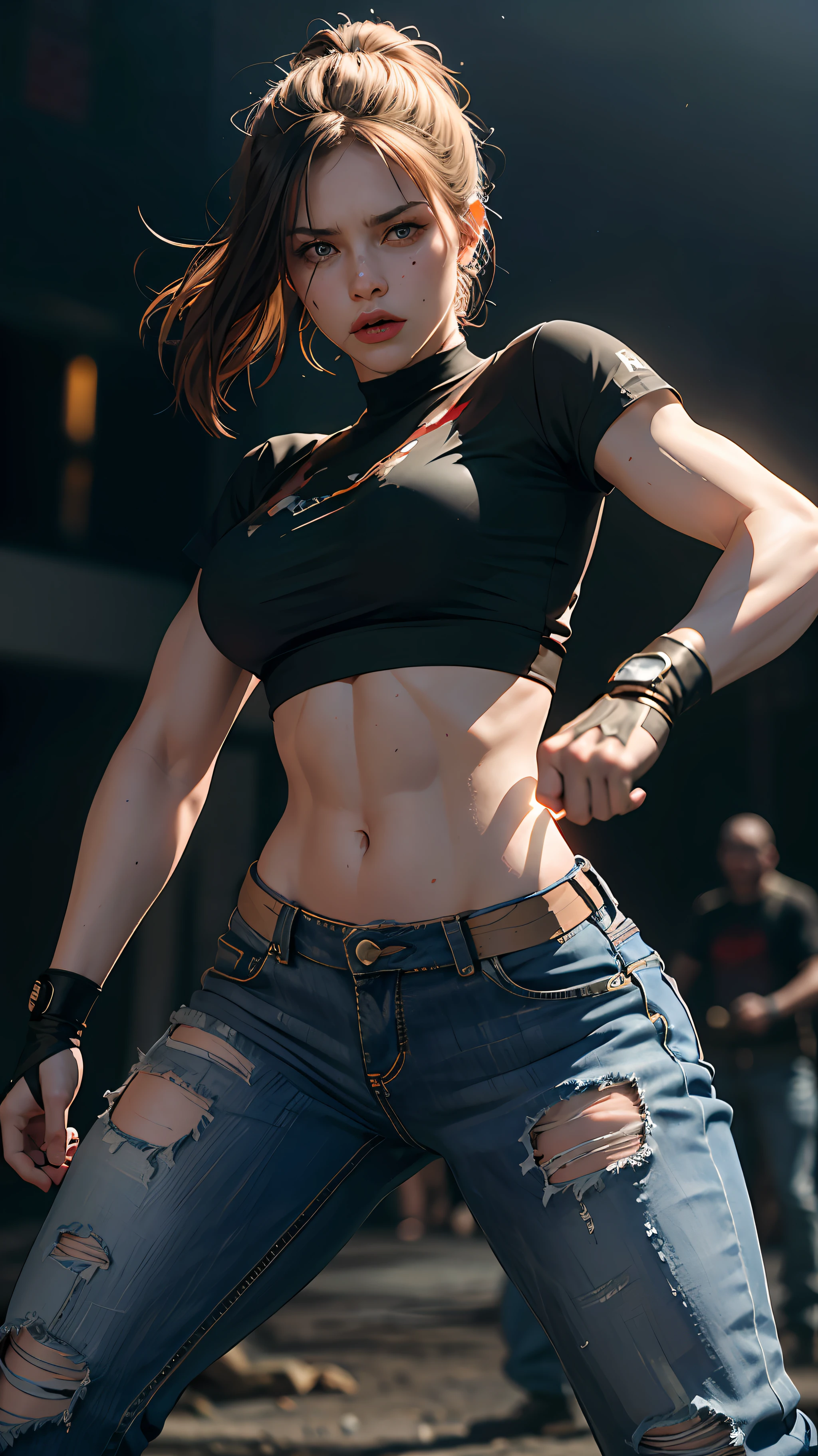 (best quality), (masterpiece), beautiful fighter woman, (german woman), furious, (perfect body), (bruises and injuries on body, bleeding) , (german fighter), t-shirt and jean pants, ripped clothes,(( dynamic fighting stance)), perfect body, muscular, dark lighting, dim light, foggy and smoky, cowboy shot, 8k resolution, high saturation
