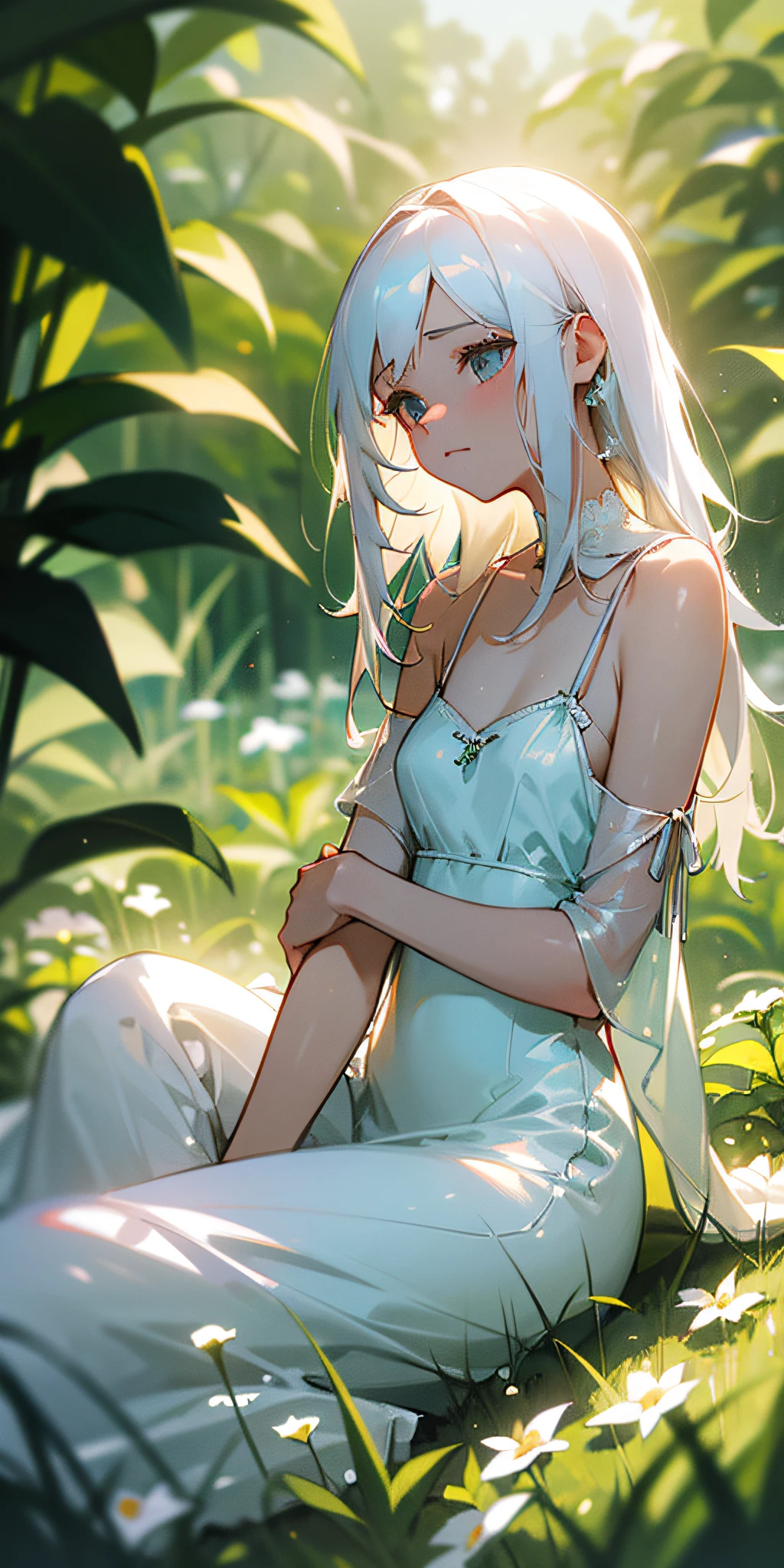 (Masterpiece, best quality), 1 long girl with white hair sitting in a field of green plants and flowers, warm lights, white dress, blurred foreground, white slip dress, backlight, picture clean healing