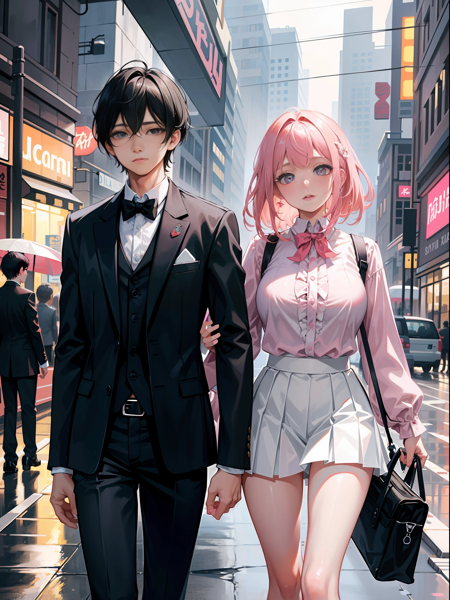 Masterpiece, best quality, super detailed, illustration, beautiful detailed eyes, close up, with a boy and a girl. It is pink hair, white pleated shirt, cracked clothing buttons, leaking cleavage, breast art, skirt. The boy is black hair, black suit, black pants. Boys and girls on the street, heavy rain weather