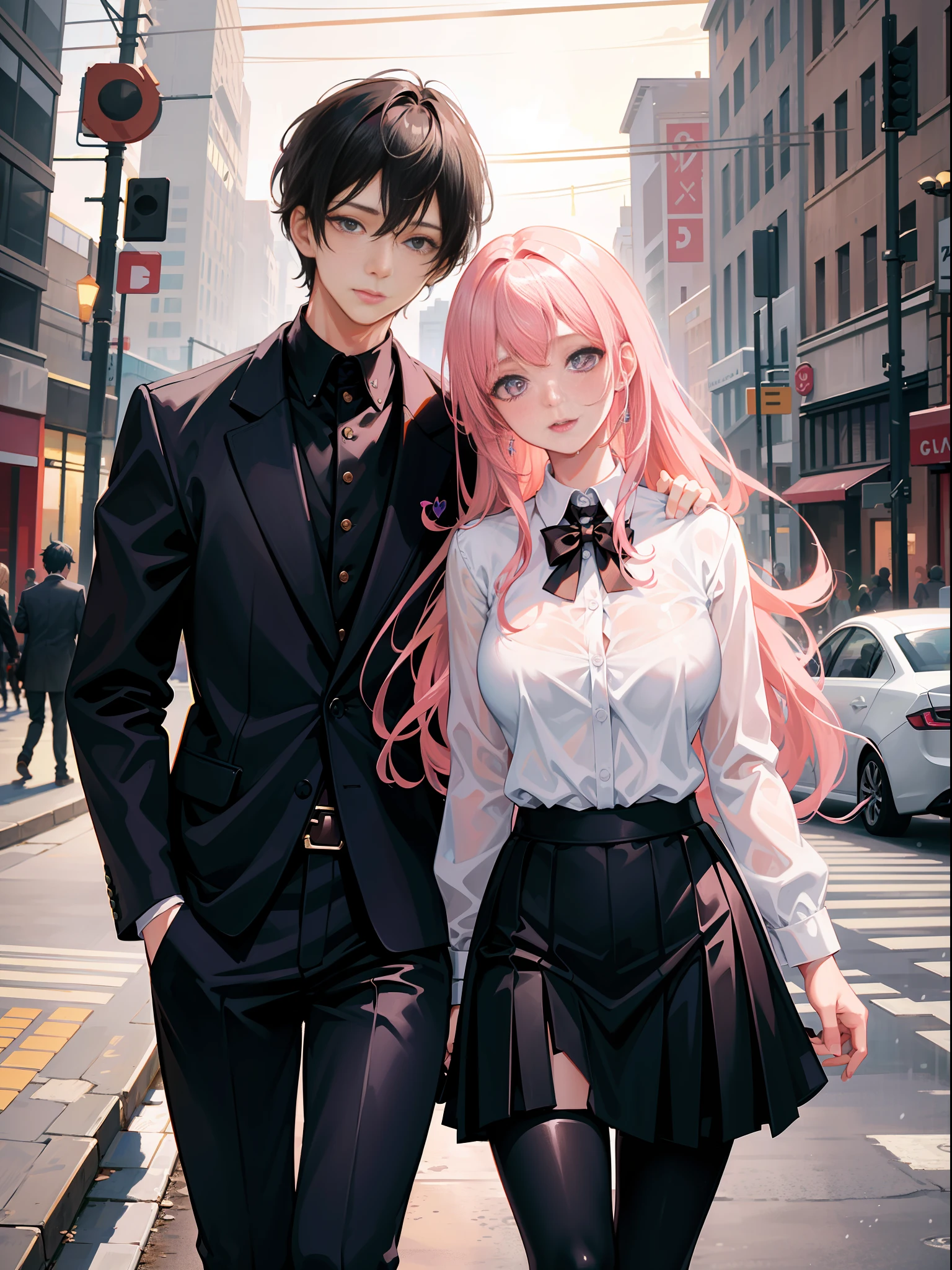 Masterpiece, best quality, super detailed, illustration, beautiful detailed eyes, close up, with a boy and a girl. It is pink hair, white pleated shirt, cracked clothing buttons, leaking cleavage, breast art, skirt. The boy is black hair, black suit, black pants. Boys and girls on the street, heavy rain weather