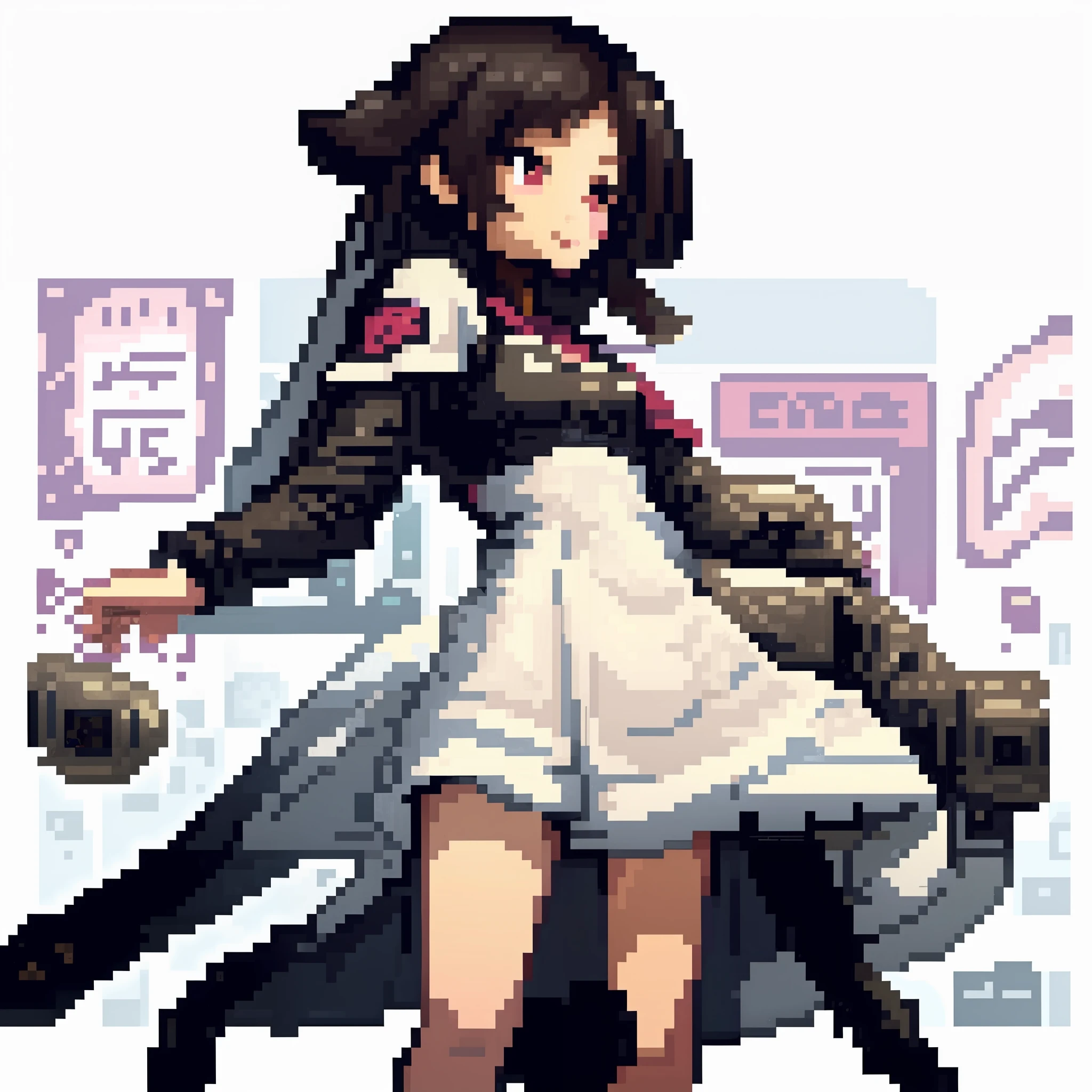 A DARK-HAIRED, NO HAT, A HIGH SCHOOL GIRL, IN A SUBWAY STATION, ONIONLABS PIXEL ART, VIDEO GAME, MAGAZINE STYLE, 2D SPRITE