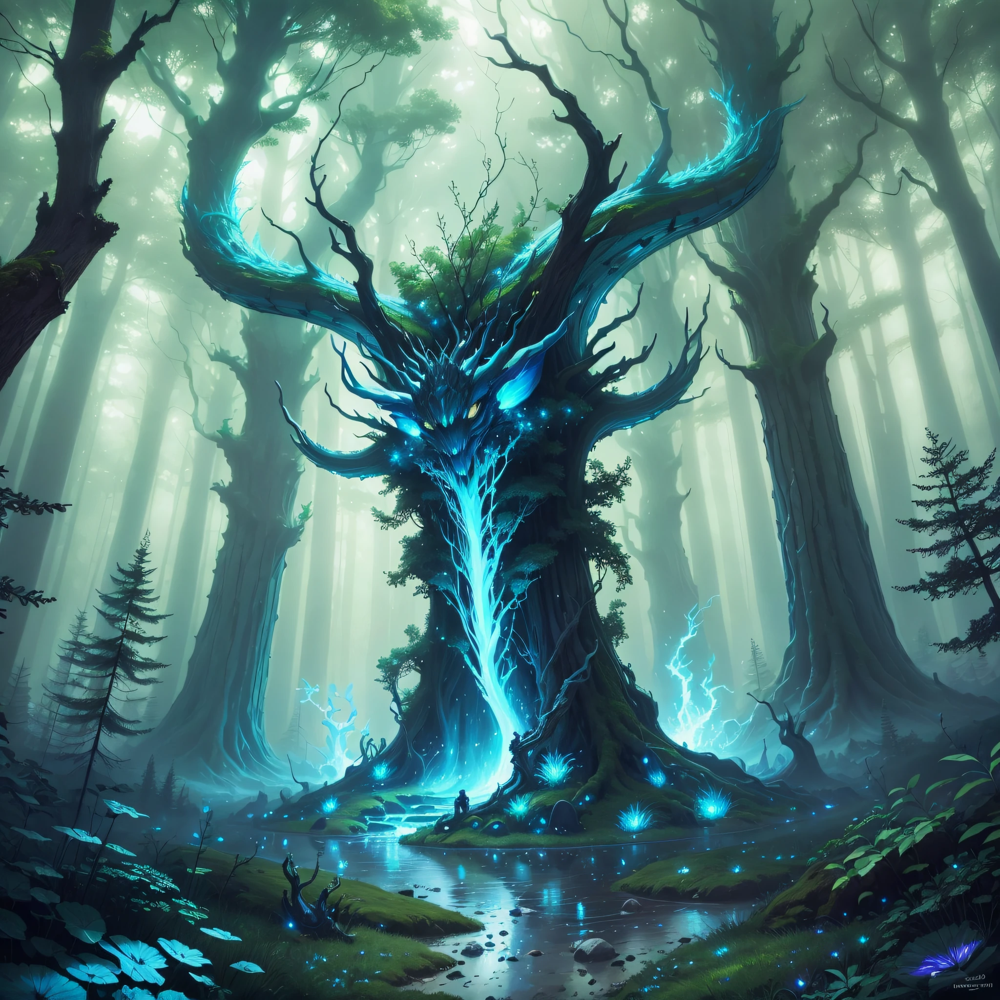 Imagine a perfect and luminous enchanted forest, with surreal creatures from other planets, and in this forest there is a powerful magician who controls the elements of nature. --auto --s2