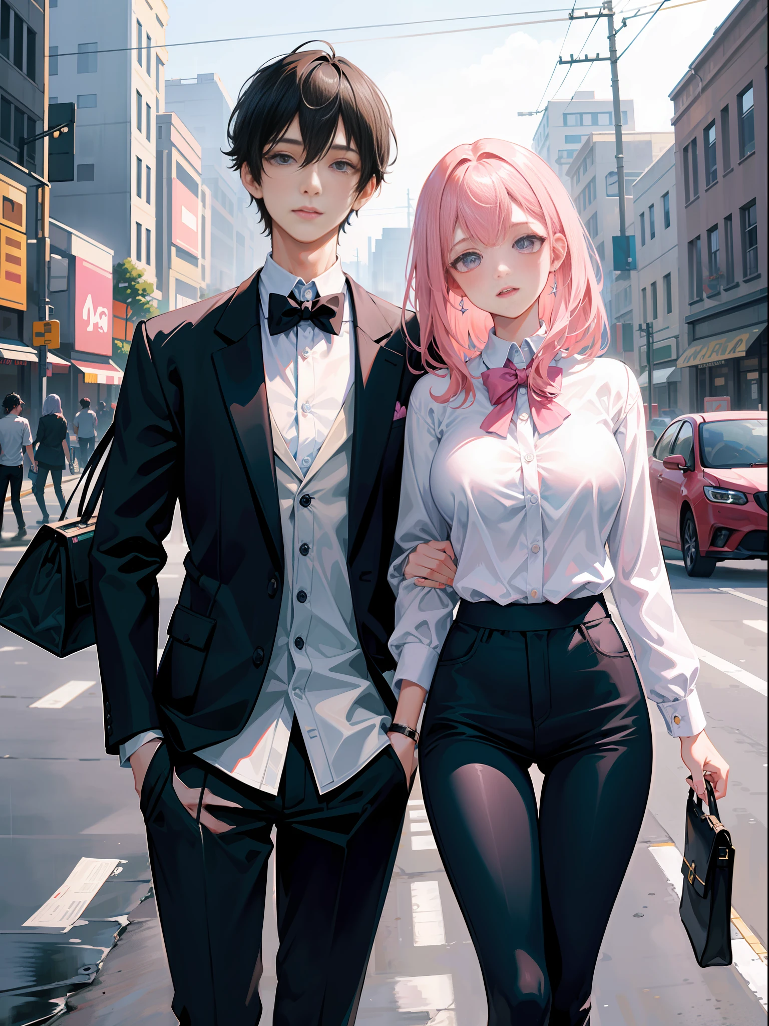 Masterpiece, best quality, super detailed, illustration, beautiful detailed eyes, close up, with a boy and a girl. It is pink hair, white pleated shirt, cracked clothing buttons, leaking cleavage, breast art, skirt. The boy is black hair, black suit, black pants. Boys and girls on the street, heavy rain weather