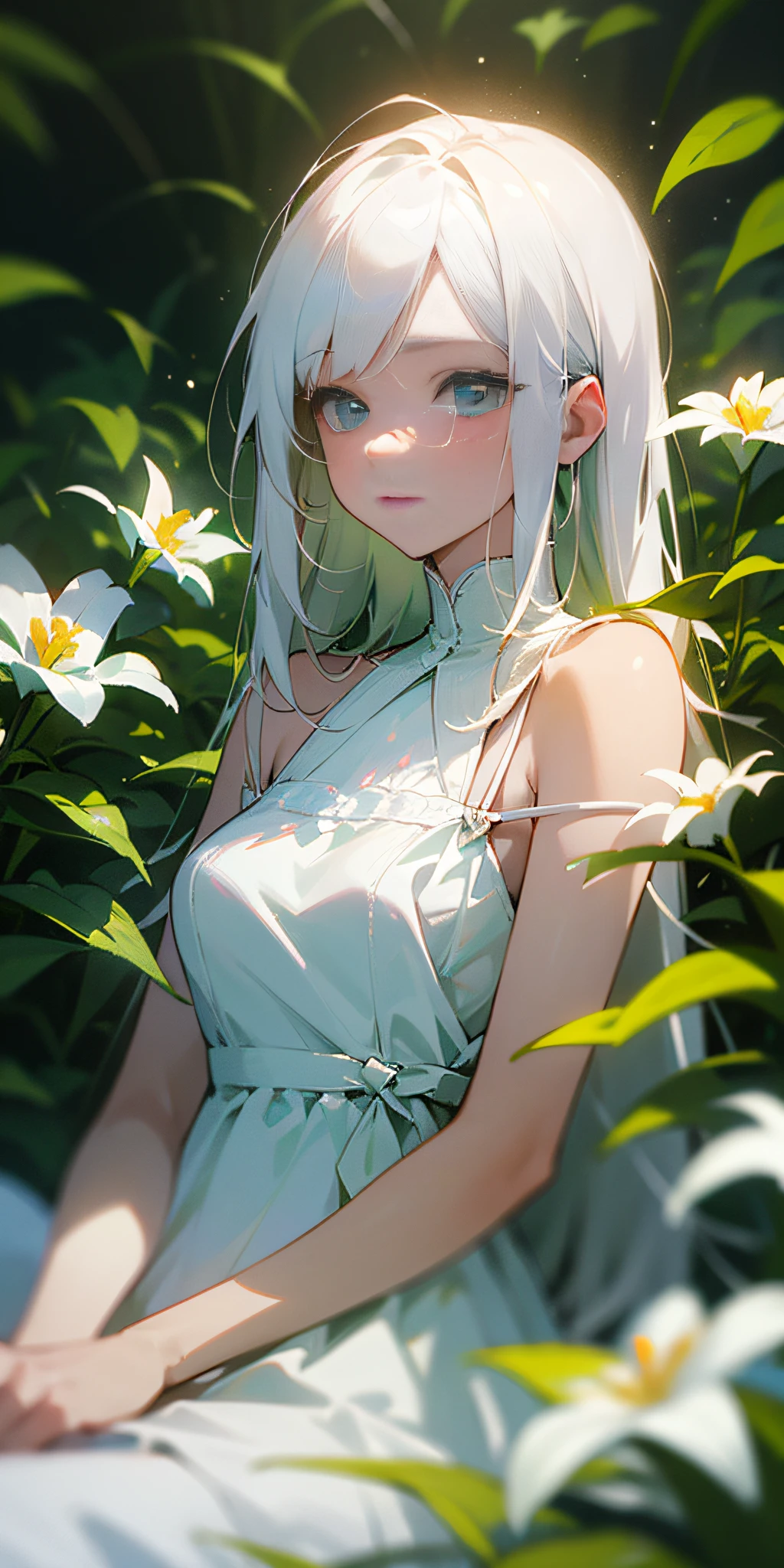 (Masterpiece, best quality), 1 long girl with white hair sitting in a field of green plants and flowers, warm lighting, white dress, blurred foreground, white slip dress, backlight, picture clean healing, depth of field, large aperture