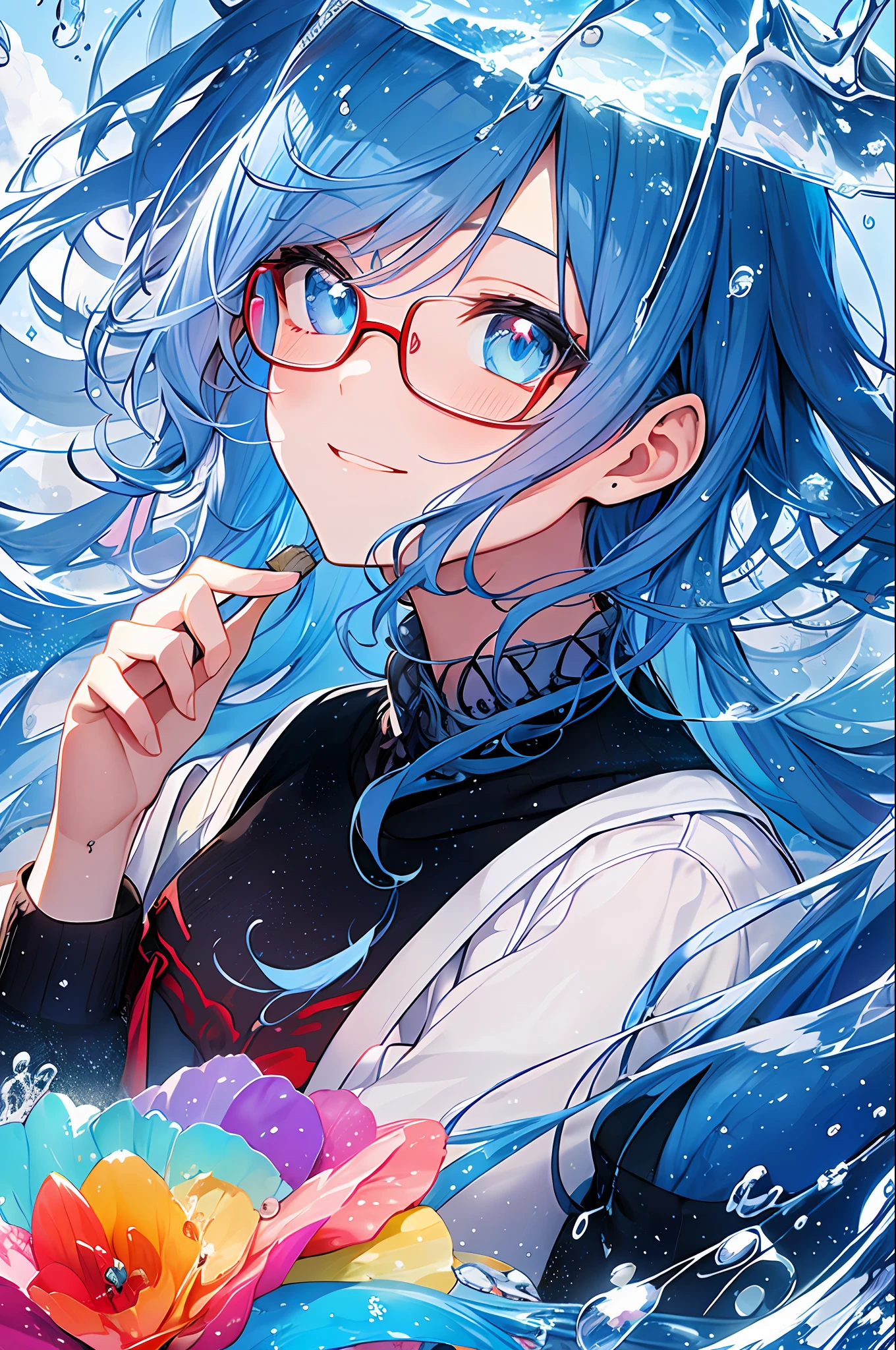 (Masterpiece, Top Quality, Best Quality, Watercolor (Medium), Official Art, Beautiful and Aesthetic: 1.2), (1 Girl: 1.3), (Fractal Art: 1.3), Full Body, Star-shaped Pupil, Watching Viewer, Pattern, (Blue Hair, Light Blue Hair, Half Blue and Half Light Blue Hair: 1.2), Water, Liquid, Clouds, Colorful, Starry Sky, Stars, Smile, Glasses, Close-up, Heterochromia, (Colorful: 1.5), Rain, Wet, Red Moon, school uniform