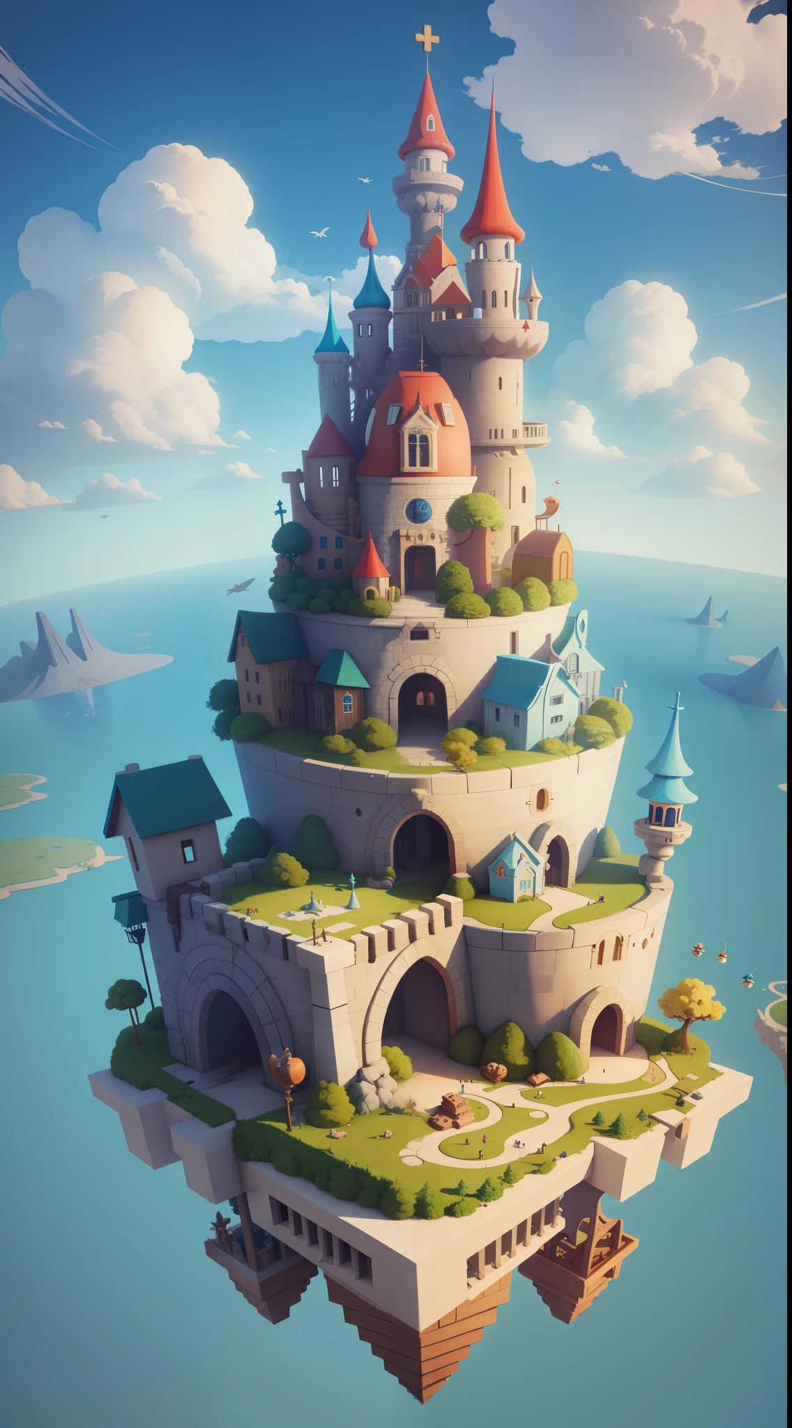 cartoon style, game architecture design, fantasy, sky city, floating, casual play style, creativity, best detail, 3d, masterpiece, best quality, cartoon rendering, 8K
