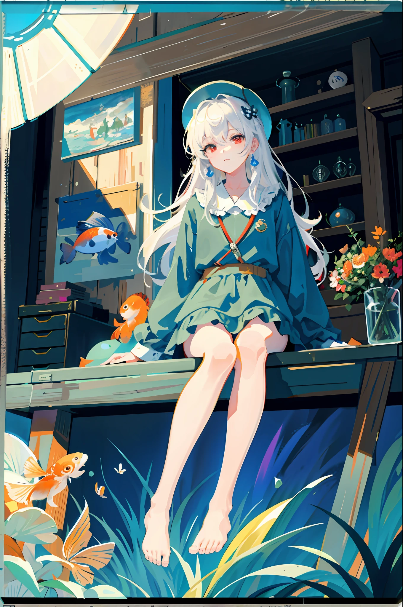 [(transparent background: 1.5)::5],(((masterpiece))),(((best quality))),(((extremely detailed))),illustration,1girl,solo,mysterious,vivid color,shiny ,Underwater transparent sealed hemispherical glass dome,white hair,red eyes,full body,bare feet,long hair,quiet nature,koi fish,underwater,dome,close-up,dynamic action,lens perspective,(((Box composition))),(((Box composition))), Sitting crossed - legs resting on a bookshelf, (arm + hand + 1 thumb + 4 fingers), (Impressionism: 1.4), Vincent van Gogh