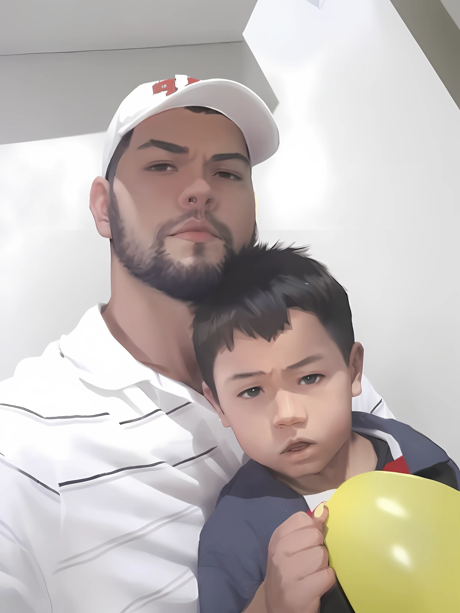(best quality, masterpiece), 1boy, in white cap, with 1boy on lap, anime style GTA San Andreas, white t-shirt, looking at the viewer, upper body, araki hirohiko \(style\), standing pose., digital art style HD, 5k