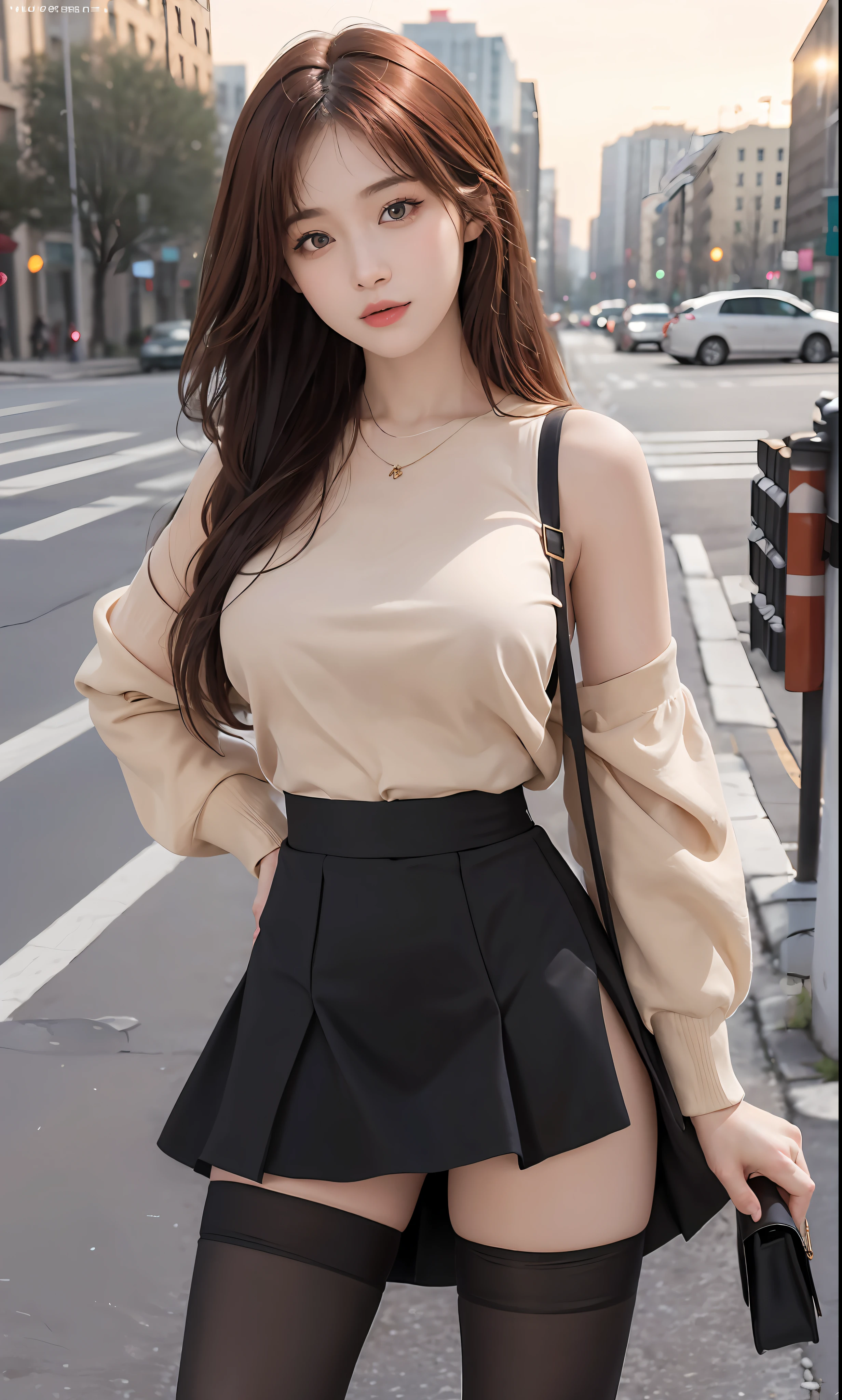 ulzzang-6500-v1.1, (raw photo:1.2), (photorealistic:1.4), beautiful detailed girl, very detailed eyes and face, beautiful detailed eyes, ridiculous, incredibly ridiculous, huge file size, super detailed, high resolution, very detailed, best quality, masterpiece, ((fashion clothing with diverse colors)), illustration, very detailed, CG, unified, 8k wallpaper, amazing, fine detail, masterpiece,best quality, very detailed CG unified 8k wallpaper, light on face, movie lighting, 1girl, , long red hair, side split, (medium breasts), ((no panties)), ((dynamic pose))), ((sexy pose))), (camel toe), (half), (pantyhose)), ((black hip skirt))