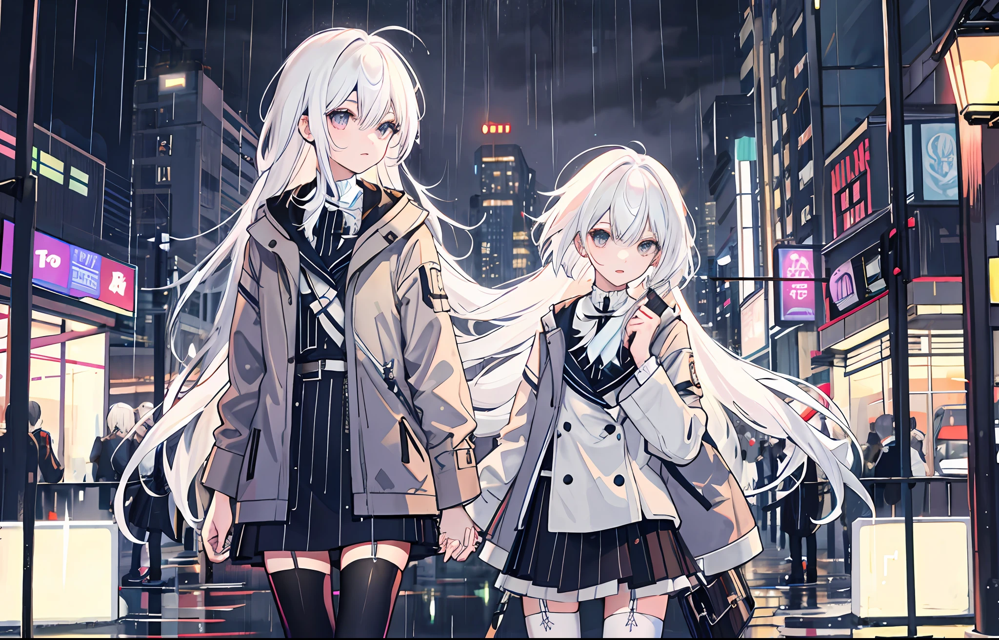 ,twins,white hair,stockings,mature female,rain,night city