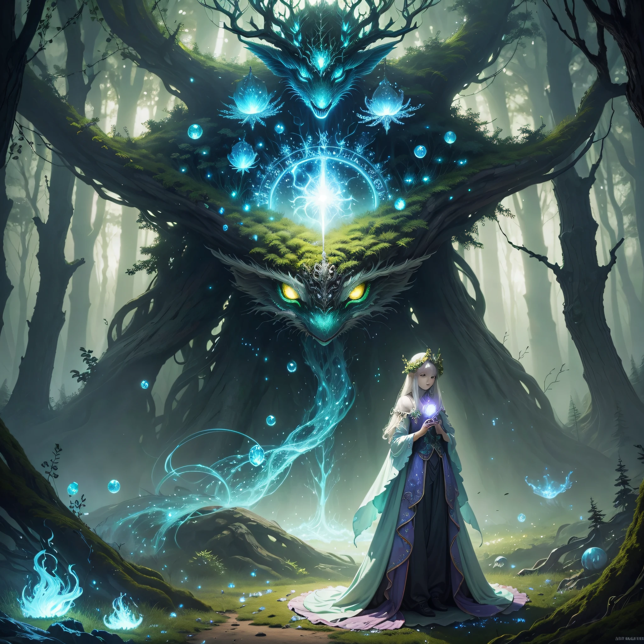 Imagine a perfect and luminous enchanted forest, with surreal creatures from other planets, and in this forest there is a powerful magician who controls the elements of nature. --auto --s2