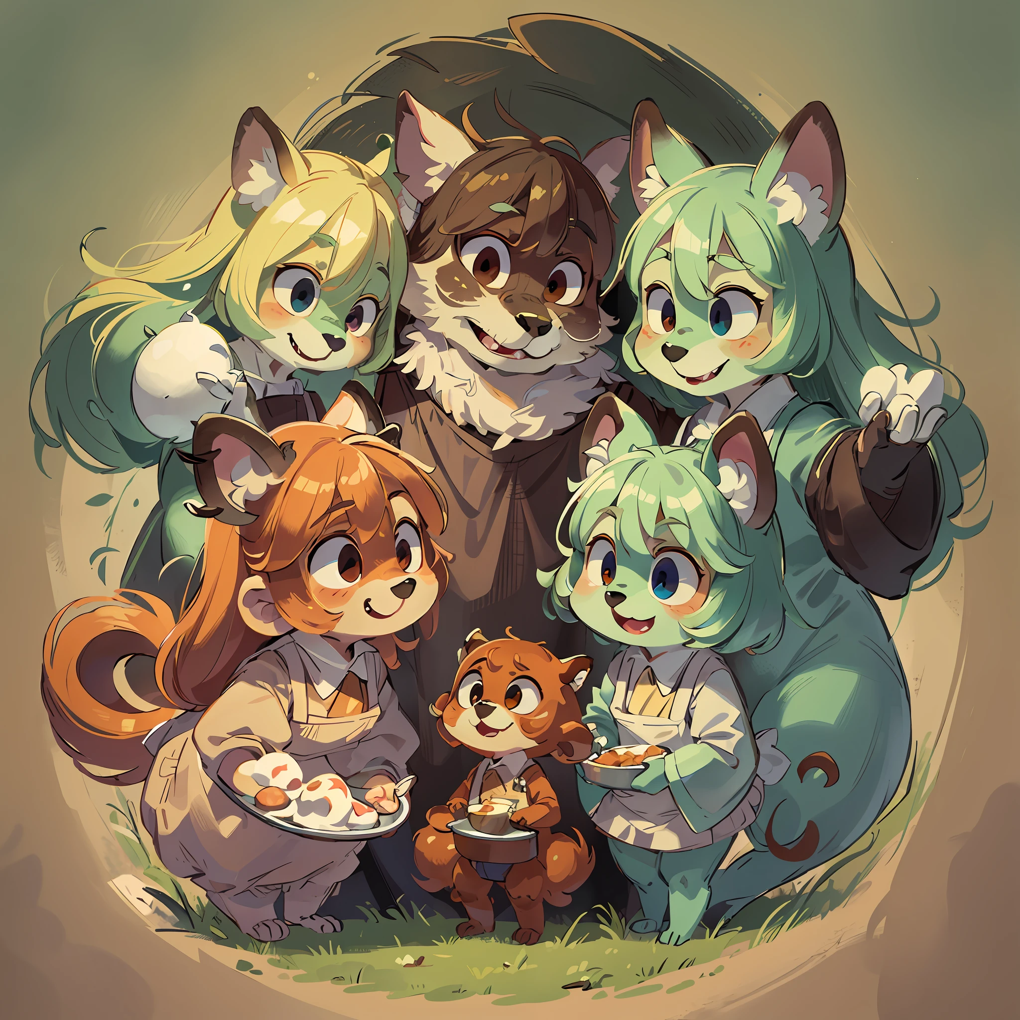 Top quality, fantasy, four-headed, pale color, flat (log house, kitchen) (very detailed beautiful face and eyes) perfect anatomy (((beastman))) (carrying aprons, dishes, eating, cooking) (furry antro: 1.2) (animal facial features of furry bodies) (animal muzzle very detailed fur) chibi: 1.5, full body, smile with open mouth (dynamic pose) 、