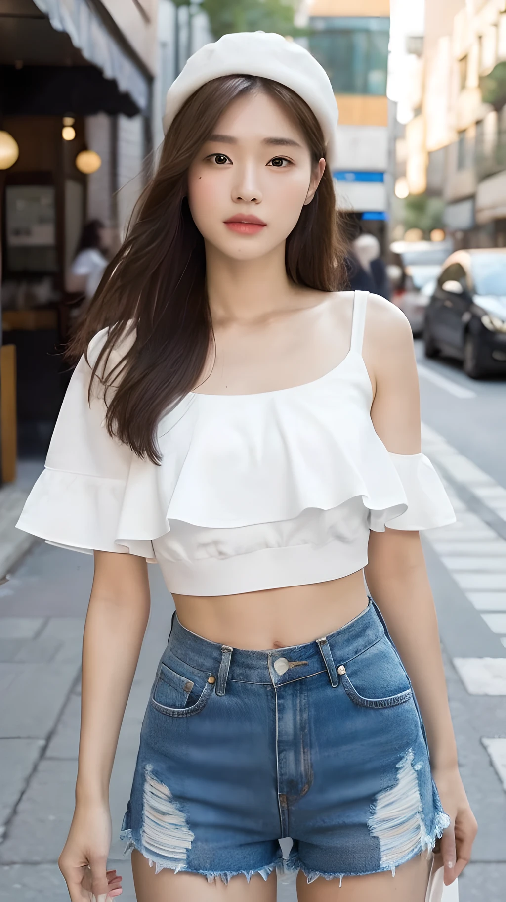 ((Best Quality, 8K, Masterpiece: 1.3)), (Flower Cap: 1.3), Focus: 1.2, Perfect Body Beauty: 1.4, Buttocks: 1.2, (Layered Haircut: 1.2)), (Dark Street: 1.3), Highly Detailed Face and Skin Texture, Full Body, Delicate Eyes, Double Eyelids, Whitened Skin, Long Hair, (Round Face: 1.5), (Loose Crop Top, Shorts: 1.6)
