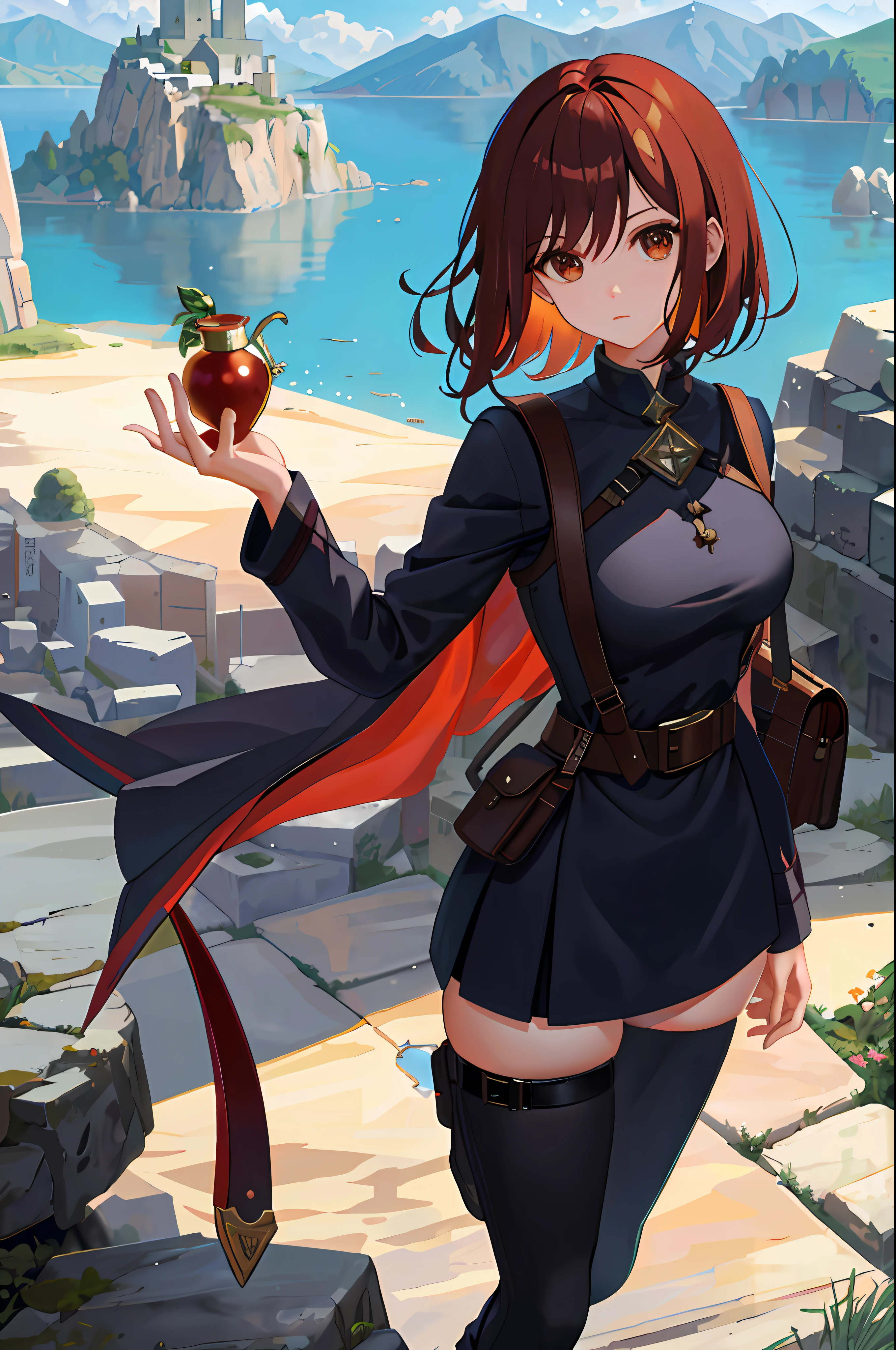 (8k, foto RAW, mejor calidad, obra maestra: 1.2), (realista, fotorrealista: 1.37), 1 chica Beautiful anime girl, medieval fantasy adventurer. Short black hair. Red brown eyes. Traveller cloak, hood. Hourglass figure. Long legs. Belts, pouches, satchel. Large breasts. Shirt, pants, boots. Zettai Ryouiki. Thick thighs. Solo. Single character. Village background.