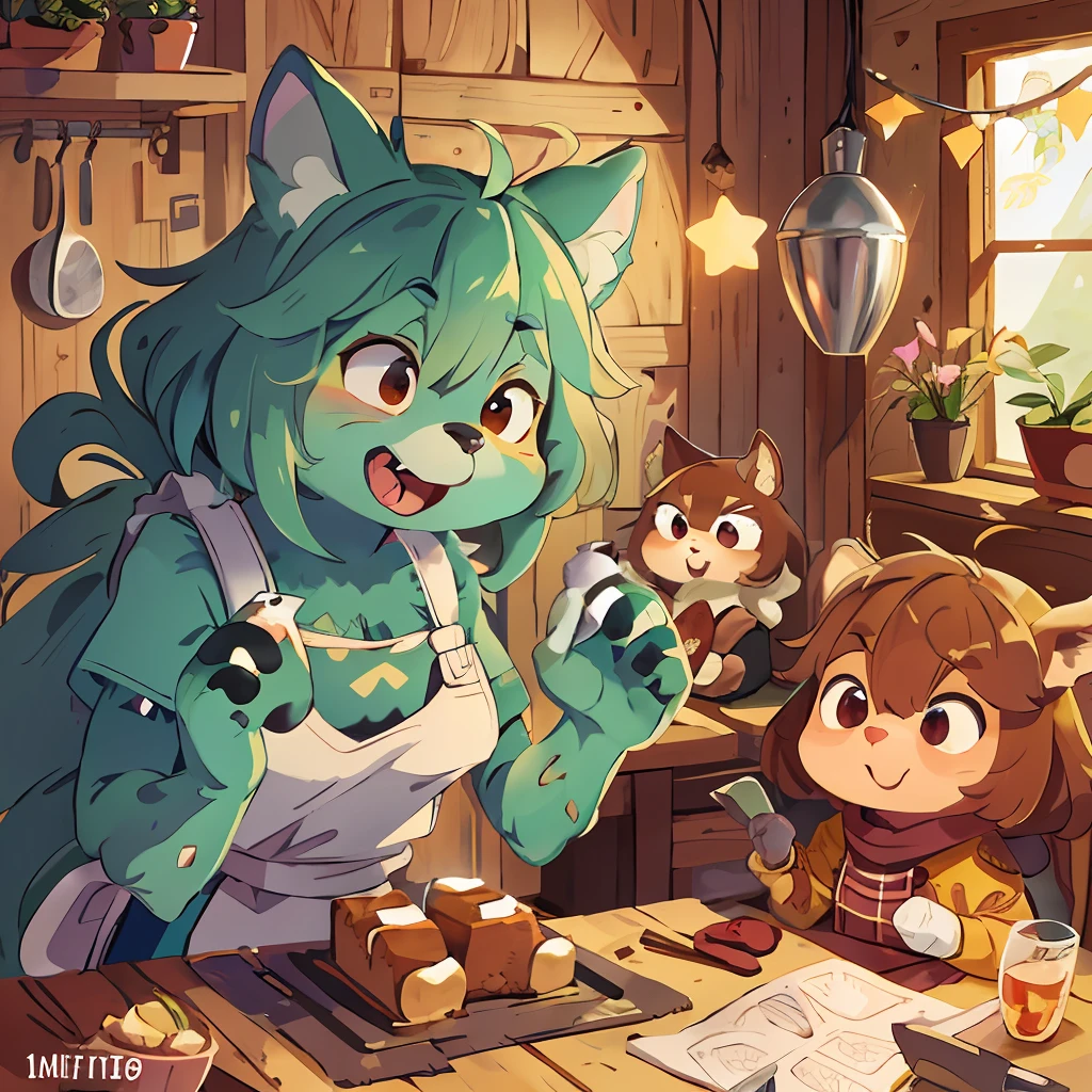 Top Quality, Fantasy, Four-headed, Light Color, Flat (Log House, Kitchen) (Highly Detailed Beautiful Face and Eyes) Perfect Anatomy ((Beastman)))) (Cooking Aprons, Mittens, Sweets, Eating Happily) (Furry Antro: 1.2) (Animal Facial Features of Furry Bodies) (Animal Muzzle Very Detailed Fur) Chibi: 1.5, Full Body, Smile with Open Mouth (Dynamic Pose),