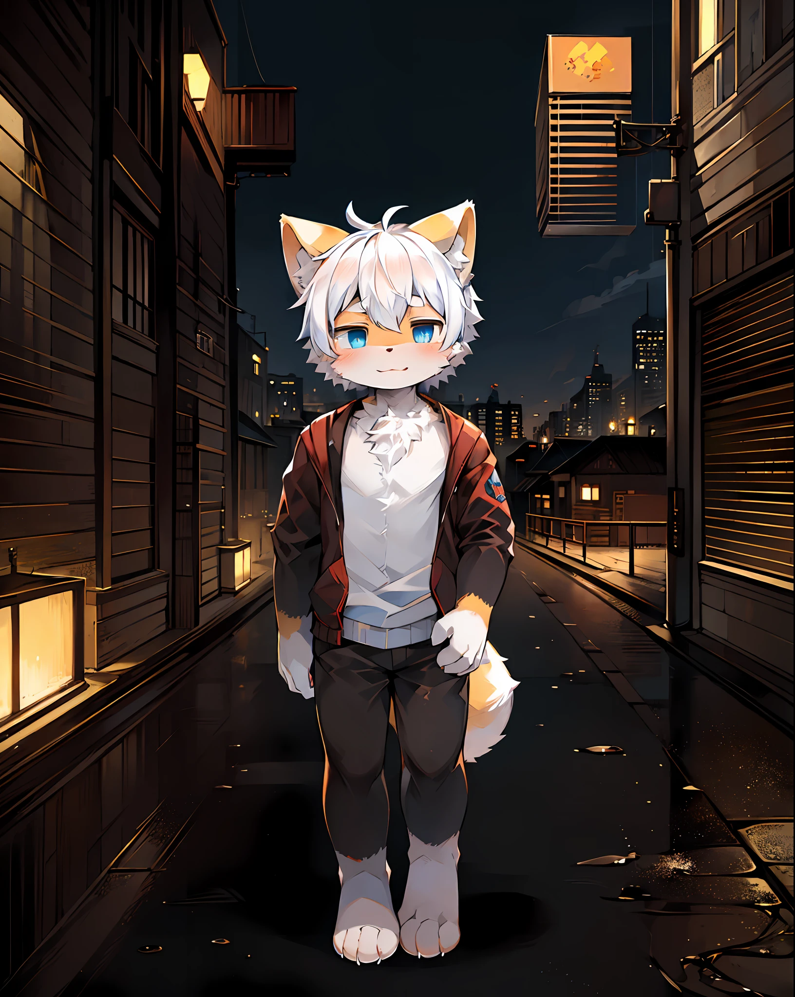 (Dark Environment: 0.8), Masterpiece, High Quality, Abstract Res, Digital Painting\(artwork\), by Dagasi, Yupa, Kiyosan, (Anthro, Fluffy Fur, Character Focus: 1.1), Anthro Male Cat, Short Hair, Portrait , bright eyes, panorama, character focus. (Background: 0.7), Solo, Furry, Hairy Male, Male Focus, Anthr, (Full Body Fur, Fluffy Tail, Creamy Golden Fur, Blue Eyes, Off-White Hair: 1.2), (Long Canids, Functional Style: 1.2), (Exterior, Noon, City, Street: 1.1)
