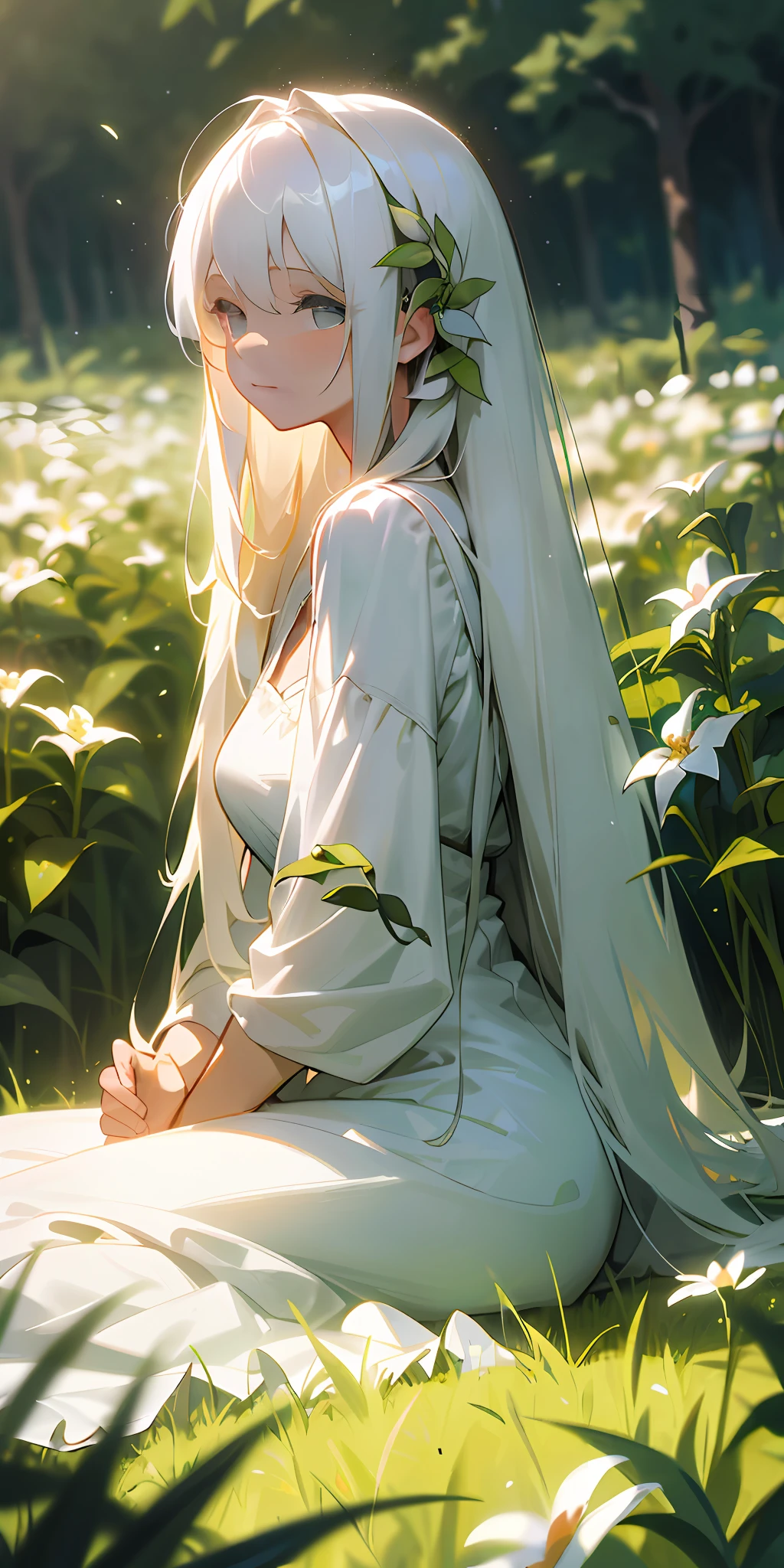 (Masterpiece, best quality), 1 long white haired girl sitting in a field of green plants and flowers, warm light, white dress, blurred foreground, large backlit shot, pose lazy and comfortable, white dress, picture clean and healing