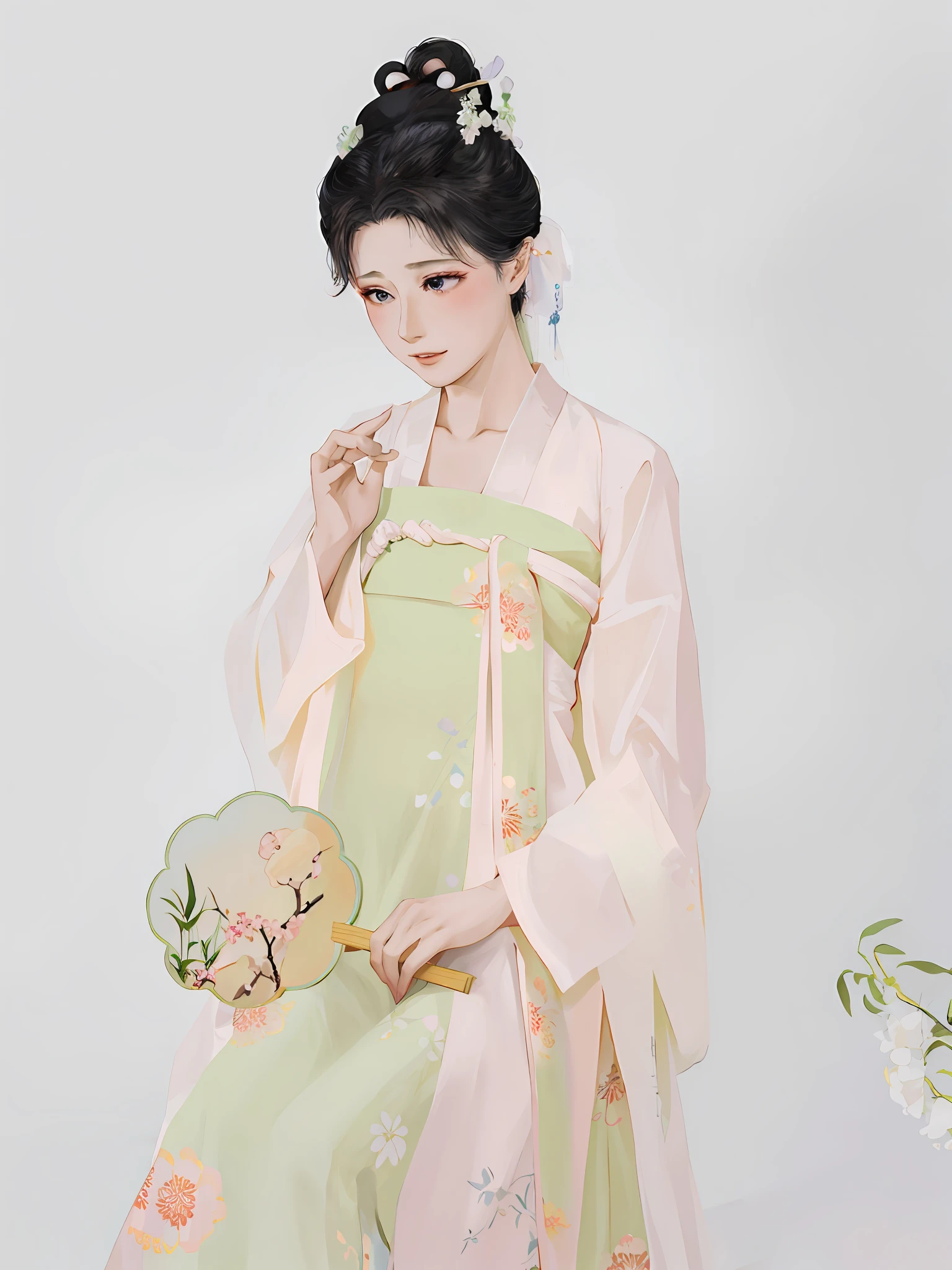 araffe woman in a green and pink dress holding a fan, hanfu, with acient chinese clothes, traditional chinese clothing, wearing ancient chinese clothes, white hanfu, 中 元 节, chinese costume, pale and coloured kimono, tang dynasty, palace ， a girl in hanfu, chinese dress, flowing sakura-colored silk, flowing sakura silk