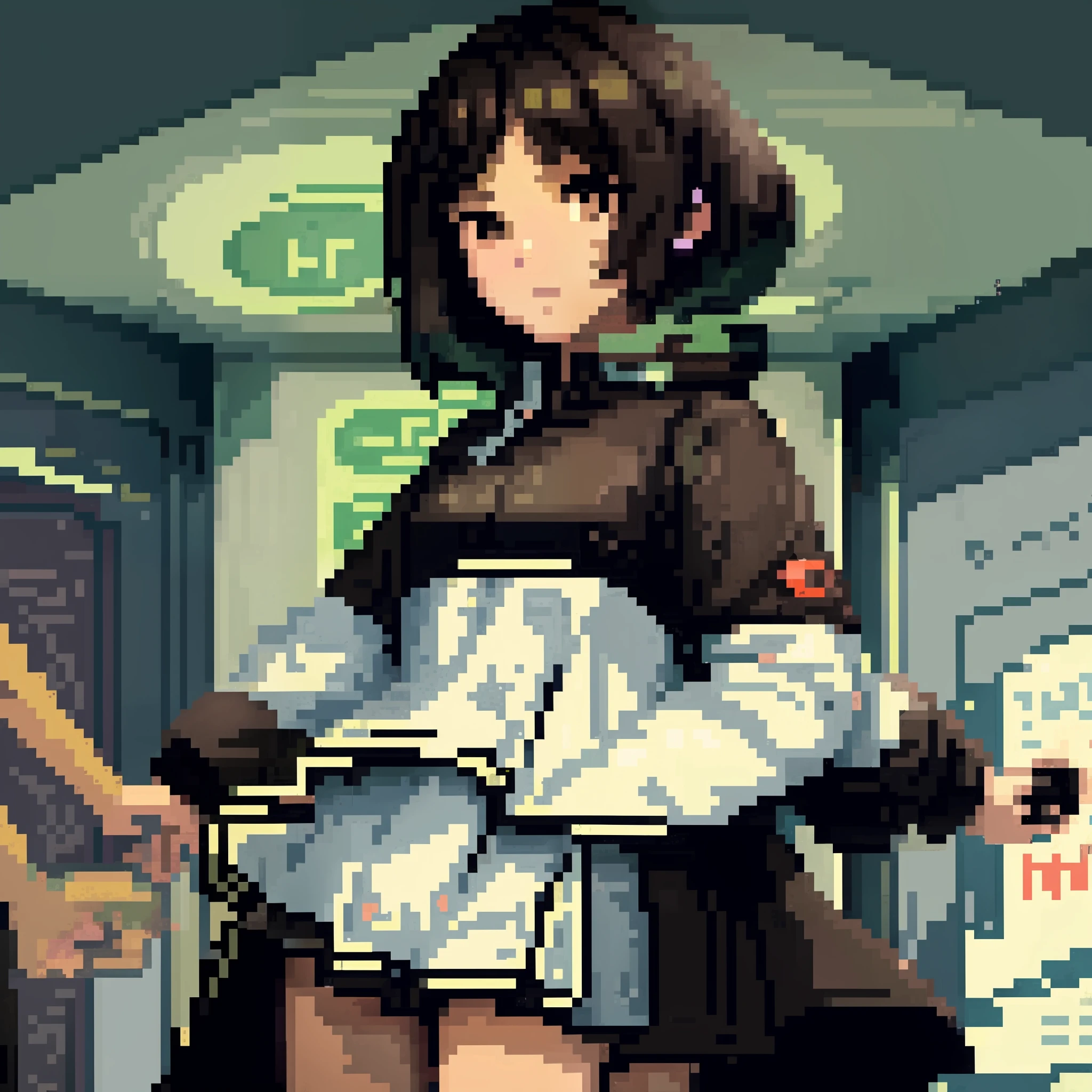 A DARK-HAIRED, NO HAT, A HIGH SCHOOL GIRL, IN A SUBWAY STATION, ONIONLABS PIXEL ART, VIDEO GAME, MAGAZINE STYLE, 2D SPRITE