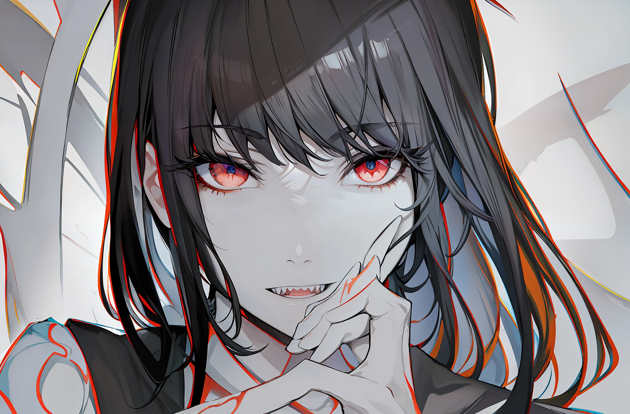 Anime girl with black hair and eyes staring at camera, Junji Ito 4 K, detailed anime face, detailed portrait of anime girl, stunning anime face portrait, clean detailed anime art, anime style 4 K, detailed anime art, detailed digital anime art, 4 k manga wallpaper, detailed anime soft face, beautiful anime portrait, anime shadow), beautiful anime face, anime style portrait, open mouth showing sharp teeth, cyber style, scars on face