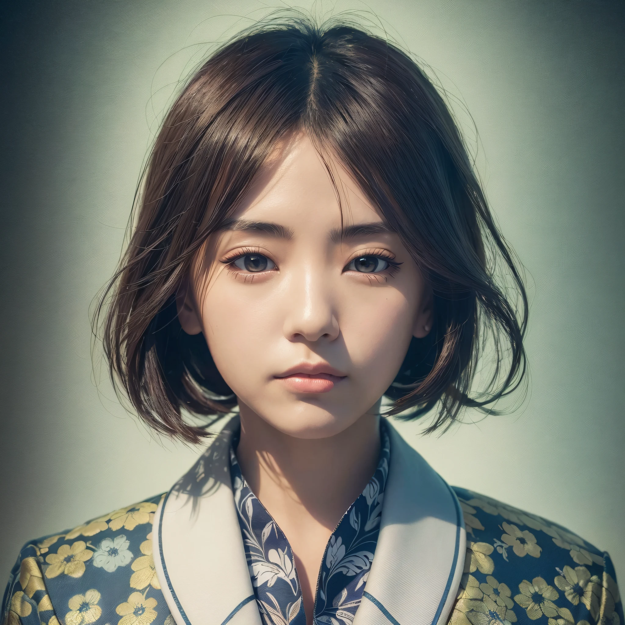 Photo of beautiful Japanese woman, front, very short Bob hair, white suit, (front focus), surrealistic female portraits by David Hockney and Alphonse Mucha, fantasy art, photorealism, dynamic lighting, artstation, poster, volumetric lighting, very detailed faces, 4k, award-winning, in the dark, deep shadow, low key, cowboy shot, --auto --s2