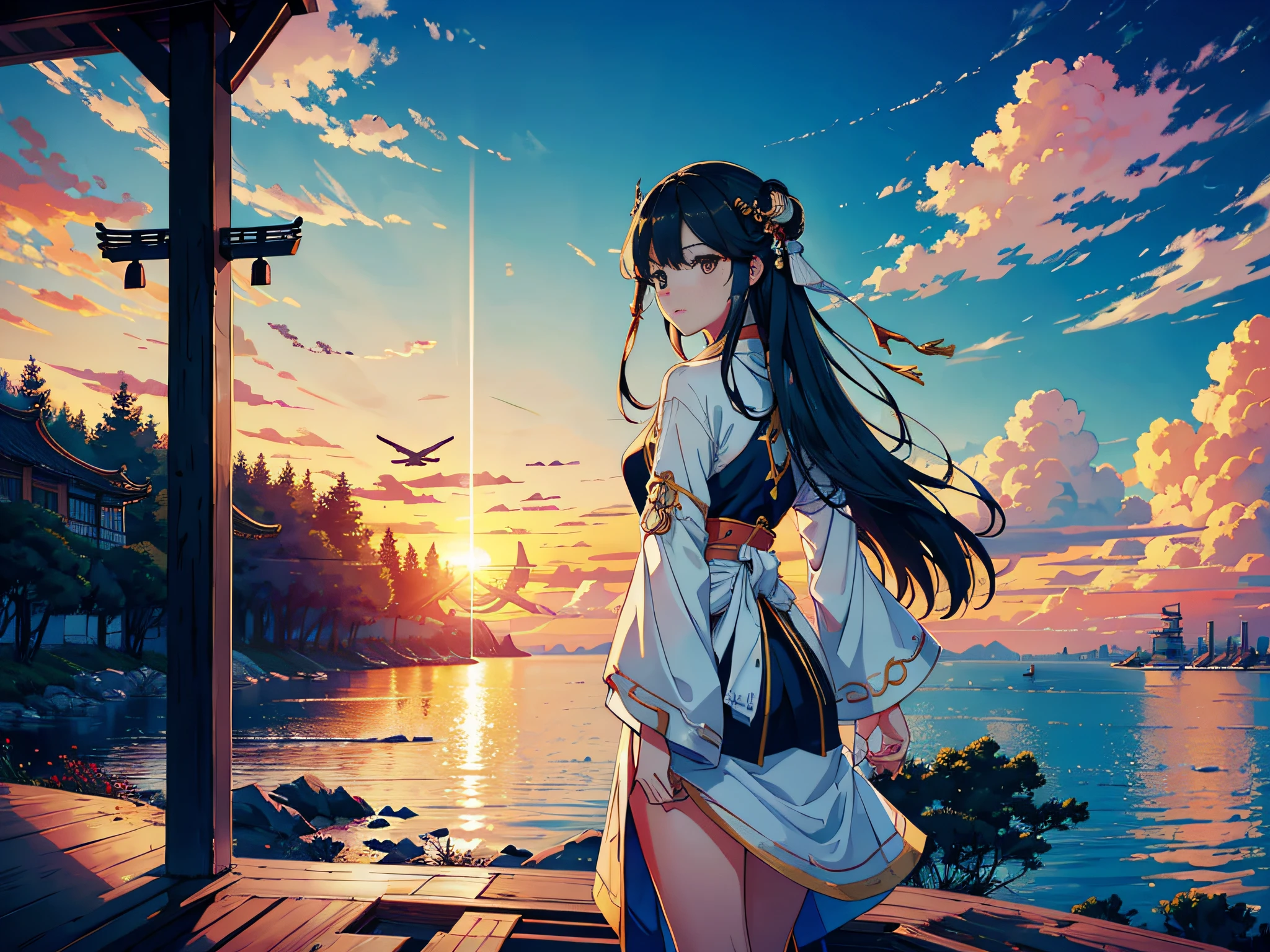 Mainly airplanes, airliners, large planes flying in the sky, airliners flying in the sky, sunset clouds, evening hours, the lens is mainly featuring airplanes, in the Loepfe Art style ((Xinhaicheng), Xinhaicheng H 2160, inspired by Bian Shoumin, Xinhaicheng, Kavasi, Guwitz style, high quality pictures, 4K, 8K, resolution,