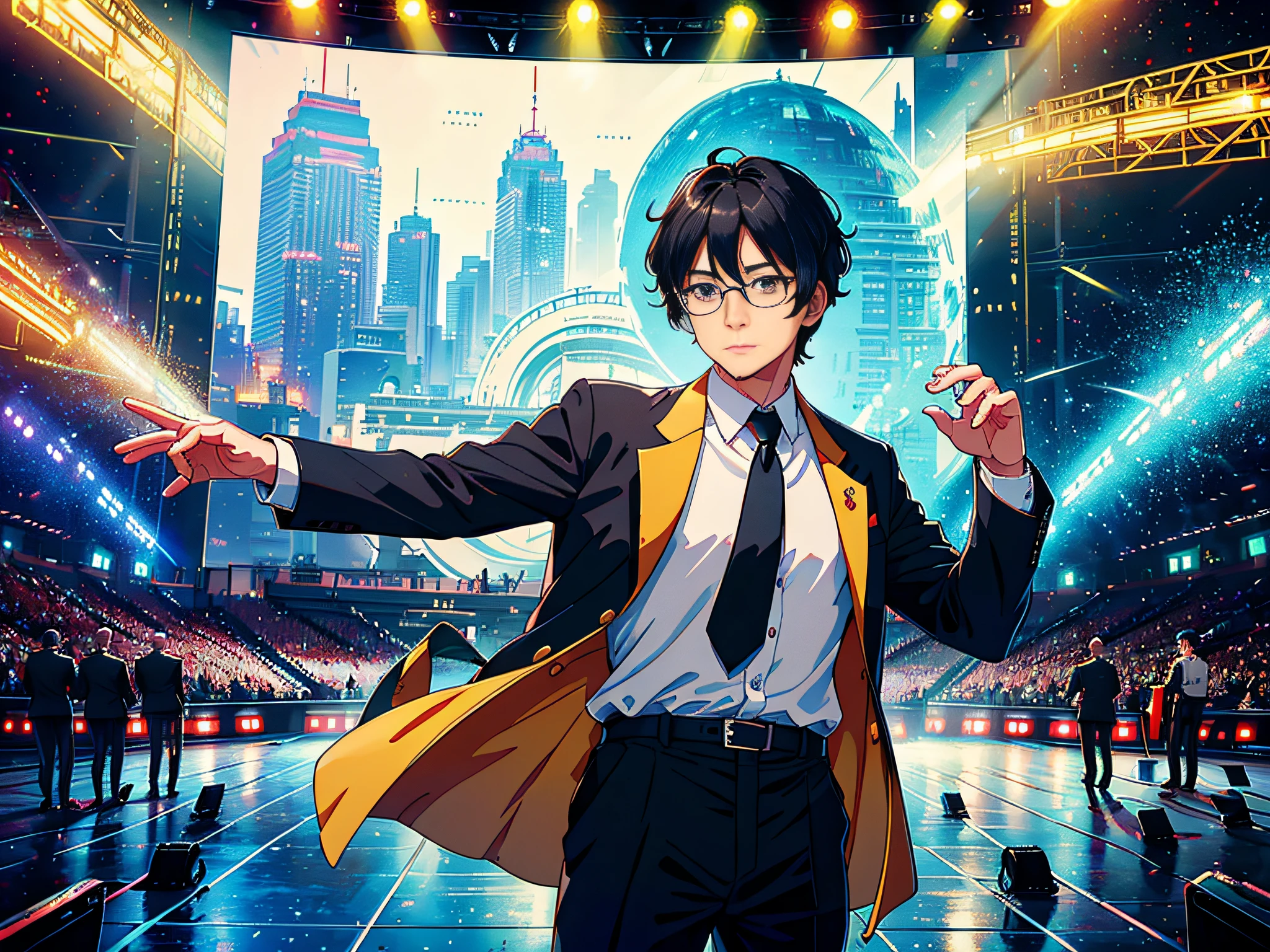During the day, a 40-year-old man stood on the stage, the Ministry of Education development conference, press conference, multiple reporters around the stage, a man stood on the stage, this male classmate was wearing a suit and formal suit, short black hair, wearing glasses, the man looked at the camera, the lens mainly featured the upper body, in the Loepfe Art style ((Xinhaicheng), popular in CGStation, Xinhaicheng H 2160, inspired by Bian Shoumin, Xinhaicheng, Kavasi, Guvitz's style, high-quality pictures, 4K, 8K, resolution