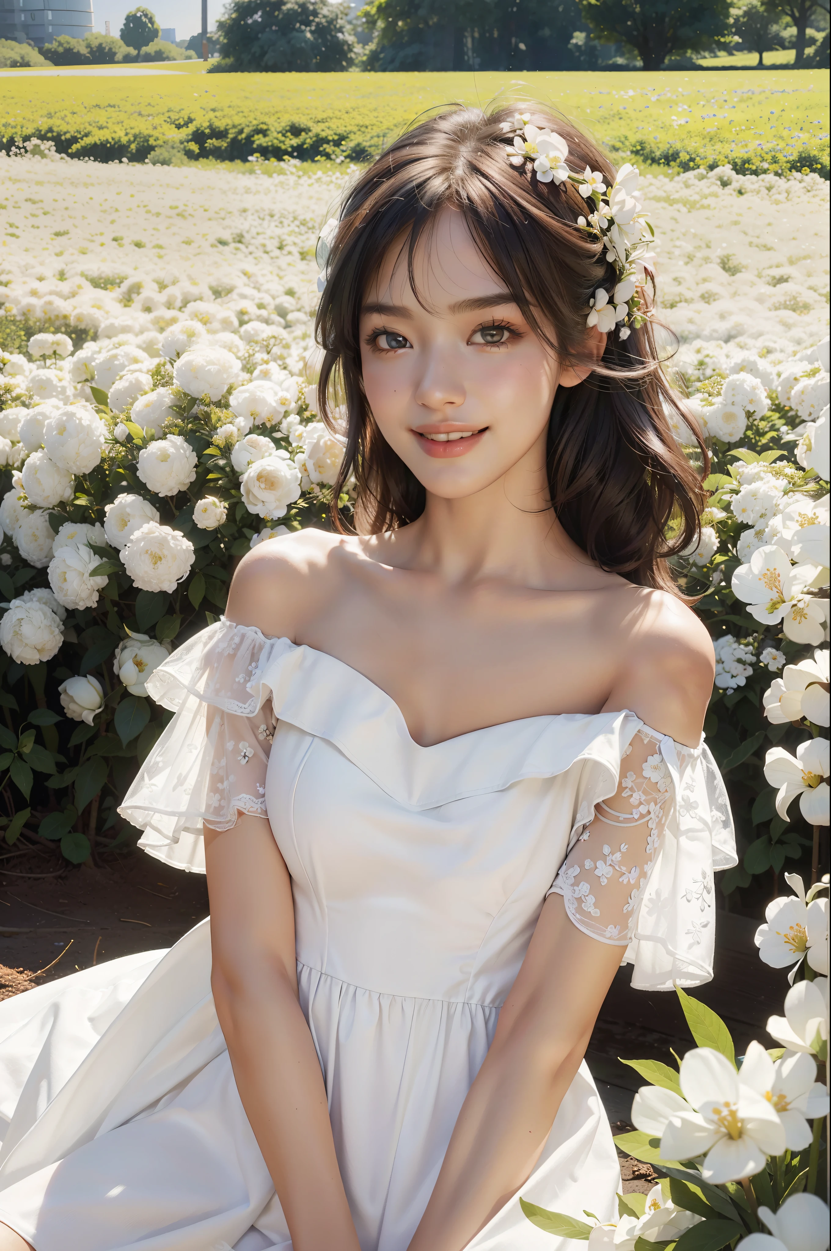 Best quality, masterpiece, ultra high res, (photorealistic:1.4), raw photo, 1girl, white dress, off shoulder, blossom flower field, glowing skin, light smile