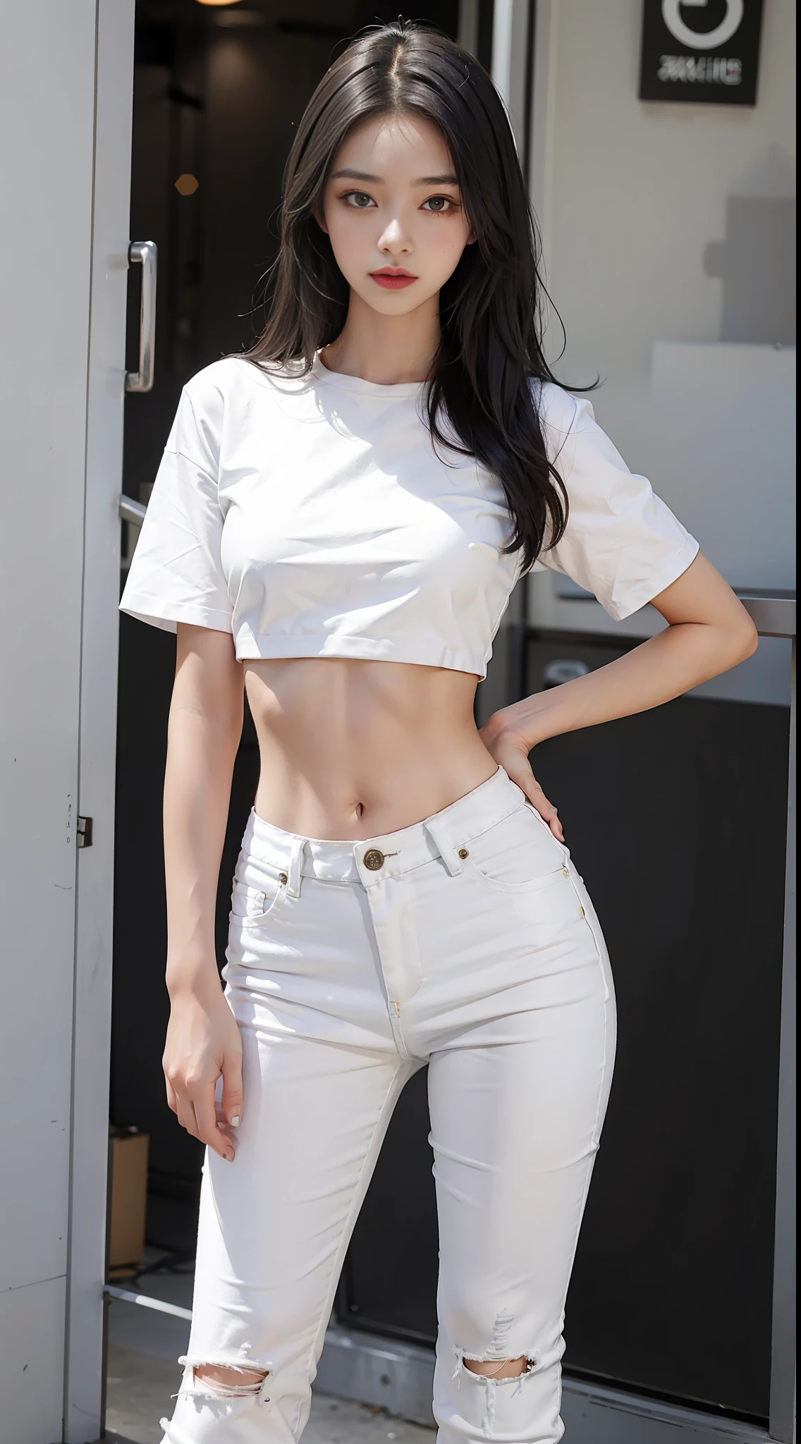 Girl posing for photo in white bra and black skinny denim, full body portrait, cropped t-shirt, bra and streetwear, slim figure, smaller bust, slim girl model, 24 year old female model, white high heels, standing posture,