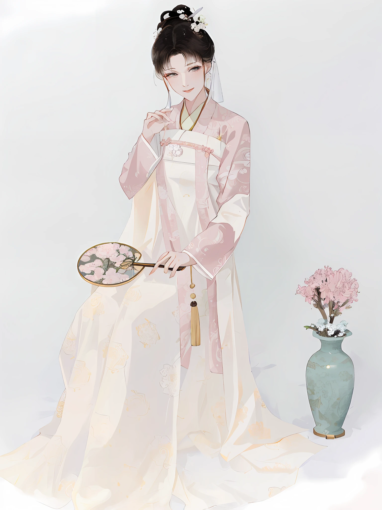 there is a woman in a white dress holding a fan and a vase, white hanfu, hanfu, wearing ancient chinese clothes, with acient chinese clothes, traditional chinese clothing, tang dynasty, palace , a girl in hanfu, chinese costume, classical robes, song dynasty, ancient chinese princess, pale pink and gold kimono, traditional chinese, chinese dress