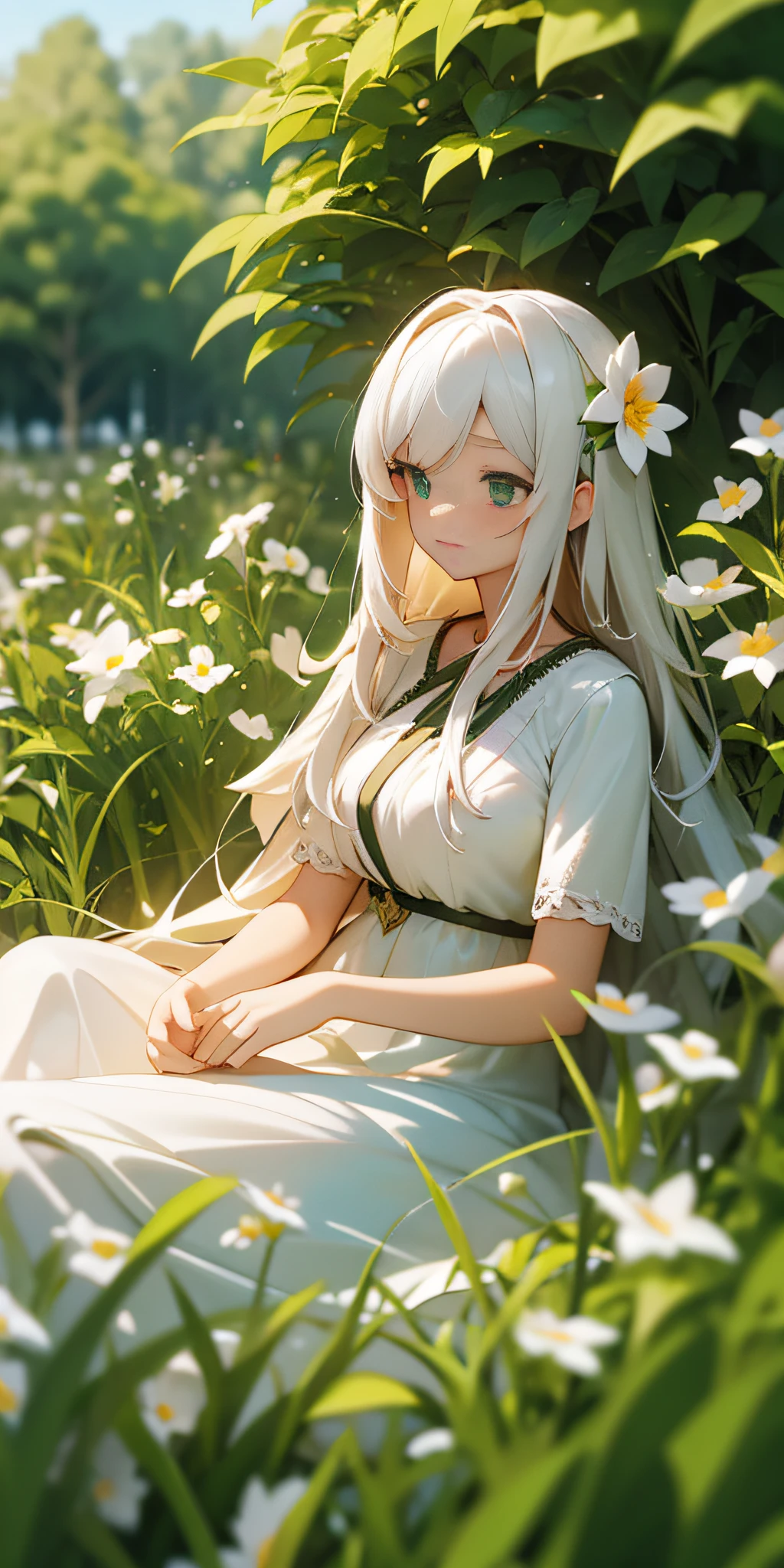 (Masterpiece, best quality), 1 long white haired girl sitting in a field of green plants and flowers, warm light, white dress, blurred foreground, large backlit shot, pose lazy and comfortable, white dress, picture clean and healing
