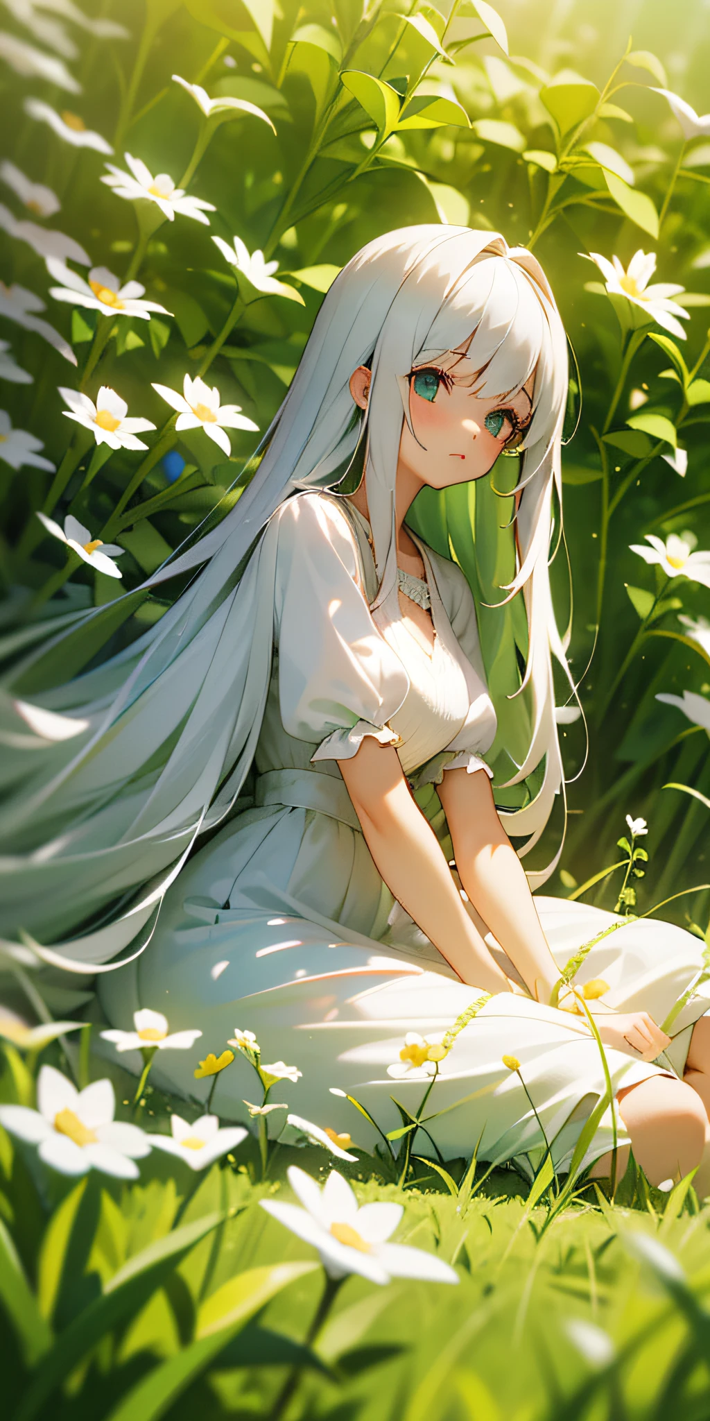(Masterpiece, best quality), 1 long white haired girl sitting in a field of green plants and flowers, warm light, white dress, blurred foreground, large backlit shot, pose lazy and comfortable, white dress, picture clean and healing