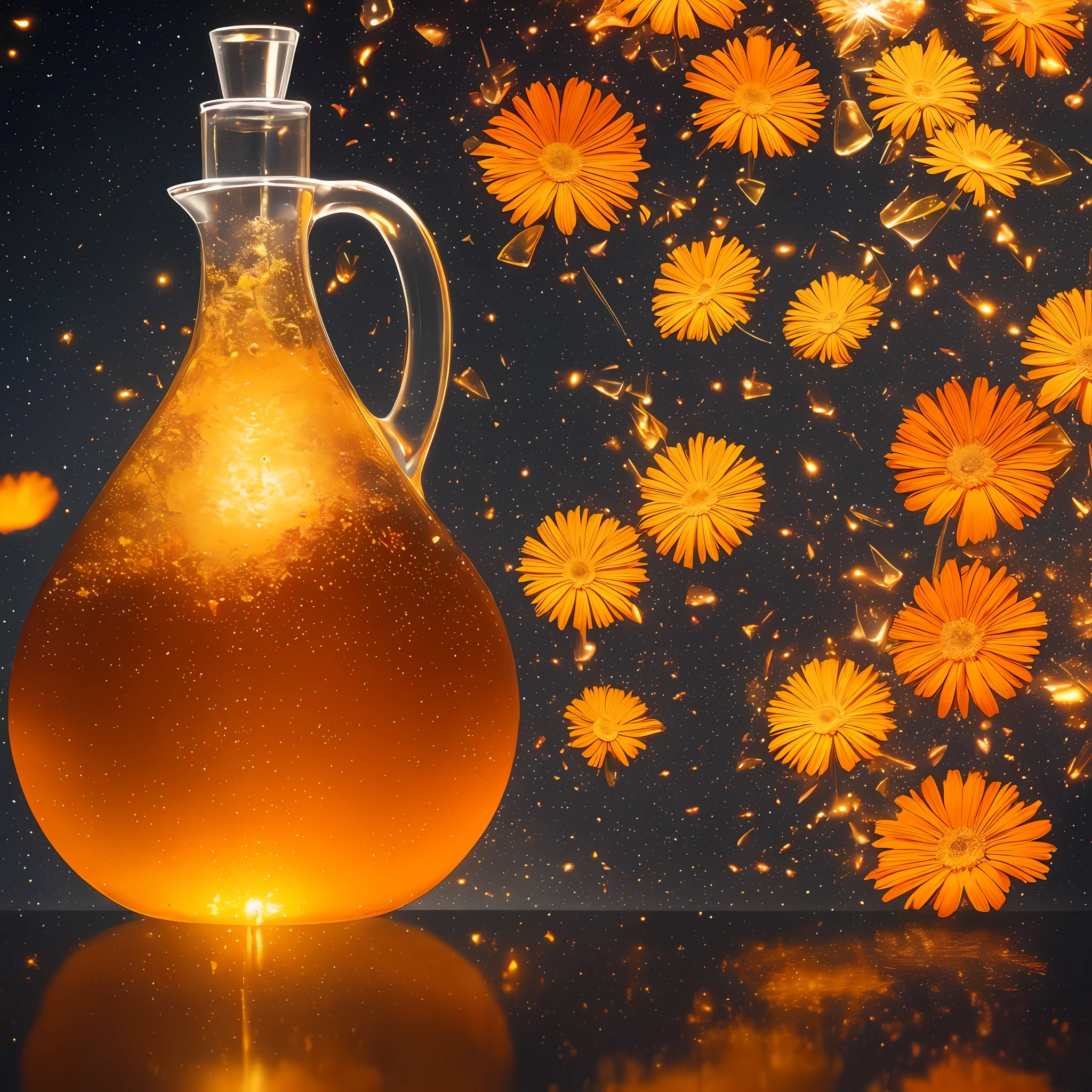 Computer, Extensive landscape ultrasound photography (general view, which shows a glass glass, glass bottle, inside, gerbera, orange, slices, cinnamon, ), bottle, gerbera (detailed description of the bottle, gerbera, orange slices, ), glass, (detailed description), inside the glass dew (ultradetail), orange gerbera, orange slices (detailed), morning sky, rays of the sun, (detail), bottle, reflection of dawn (1: 3), fireflies (1: 3), (ultradetailed description of appearance), bottle,  candle (crystals: 1,2), BREAK production art, (warm light source:1.2), (Firefly:1.2),orange, yellow, fire particles, colors, intricate details, volumetric lighting, realistic fantasy BREAK (masterpiece:1.2), reflection, (best quality), 4k, ultra-detailed, (dynamic composition: 1.4), high detailed, colorful details, (warm colors: 1.2), (luminous lighting, atmospheric lighting), warm, light, magical, wind, fire theme --auto --s2