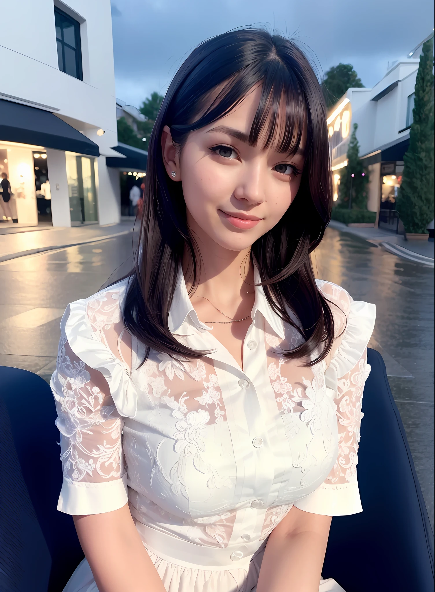 (8k, Best Quality, Masterpiece: 1.2), (Realistic, Realistic: 1.37), Ultra Detailed, 1 Girl, Cute, Solo, Beautiful Detailed Sky, Detailed Cafe, Night, Sitting, Dating, ( red nose), (smile: 1.15), (shut up) small breasts, beautiful and delicate eyes, (collared shirt: 1.1), night, wet, business attire, rain, white lace, (short hair: 1.2), flowing hair NovaFrogStyle,