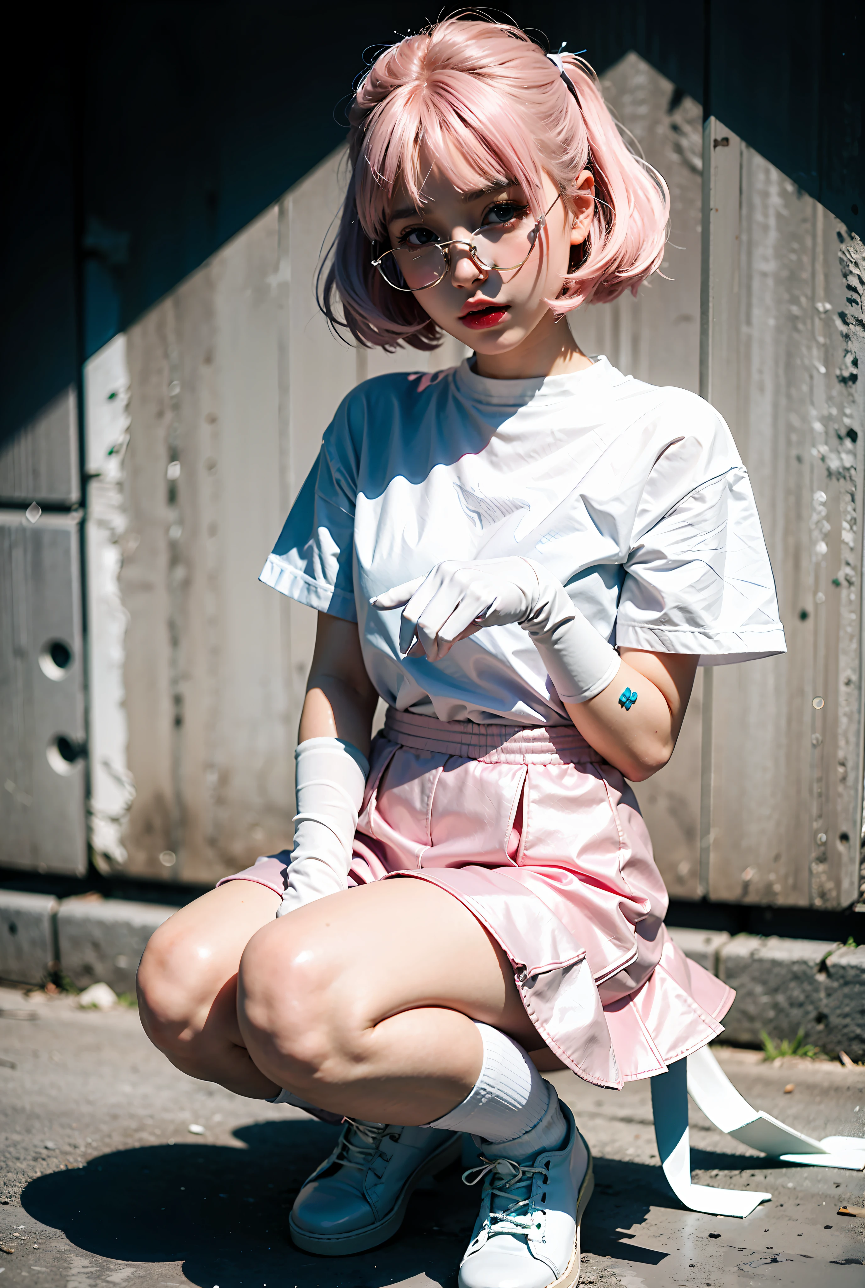 A cute little girl with pink lips, wearing a bright white shirt, black leather shoes, white gloves, white socks, pastel palette aurora punk style, anime illustration of her face, charming sketch, smooth shiny, hazy romanticism