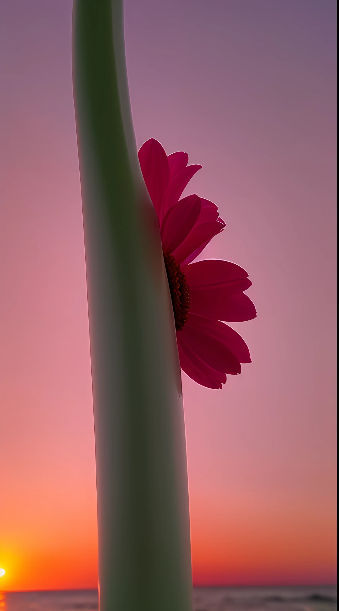 Close-up shot, a phallic subliminal pink flower, the background is the beautiful sunset by the sea, real texture, warm