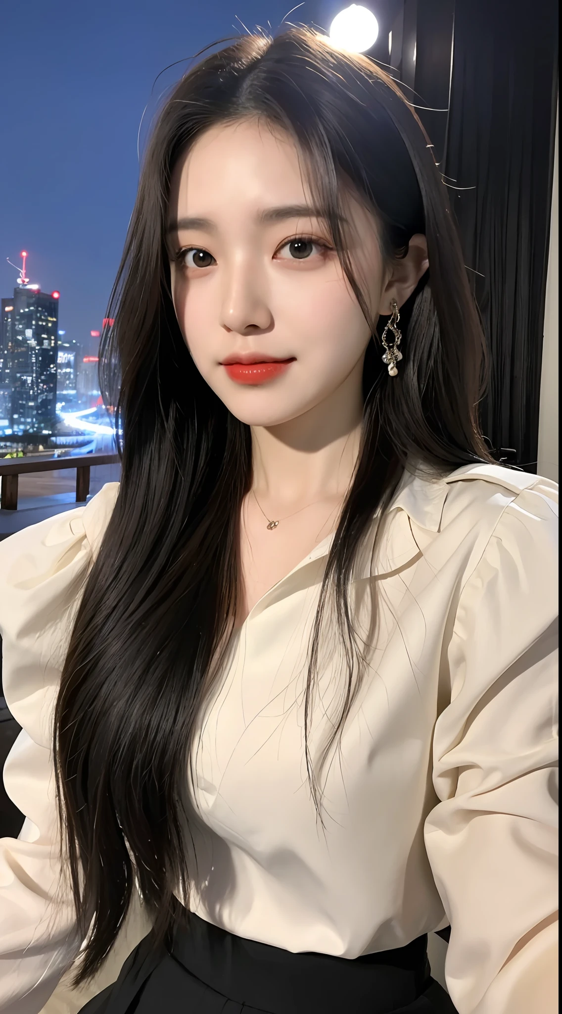 20 years old, pure beauty, danfeng eyes, double eyelids, lying silkworm, long eyelashes, black eyes, deep black hair, graceful body, showing slender waist, white shirt, pleated skirt, face highlight, smile, look at me, bust photo, background, city night view, Tyndall light, filter rendering, ultra-fine, HD, HD, HD quality, detail, 18k ultra-HD resolution, top effects, master works, bust photos.