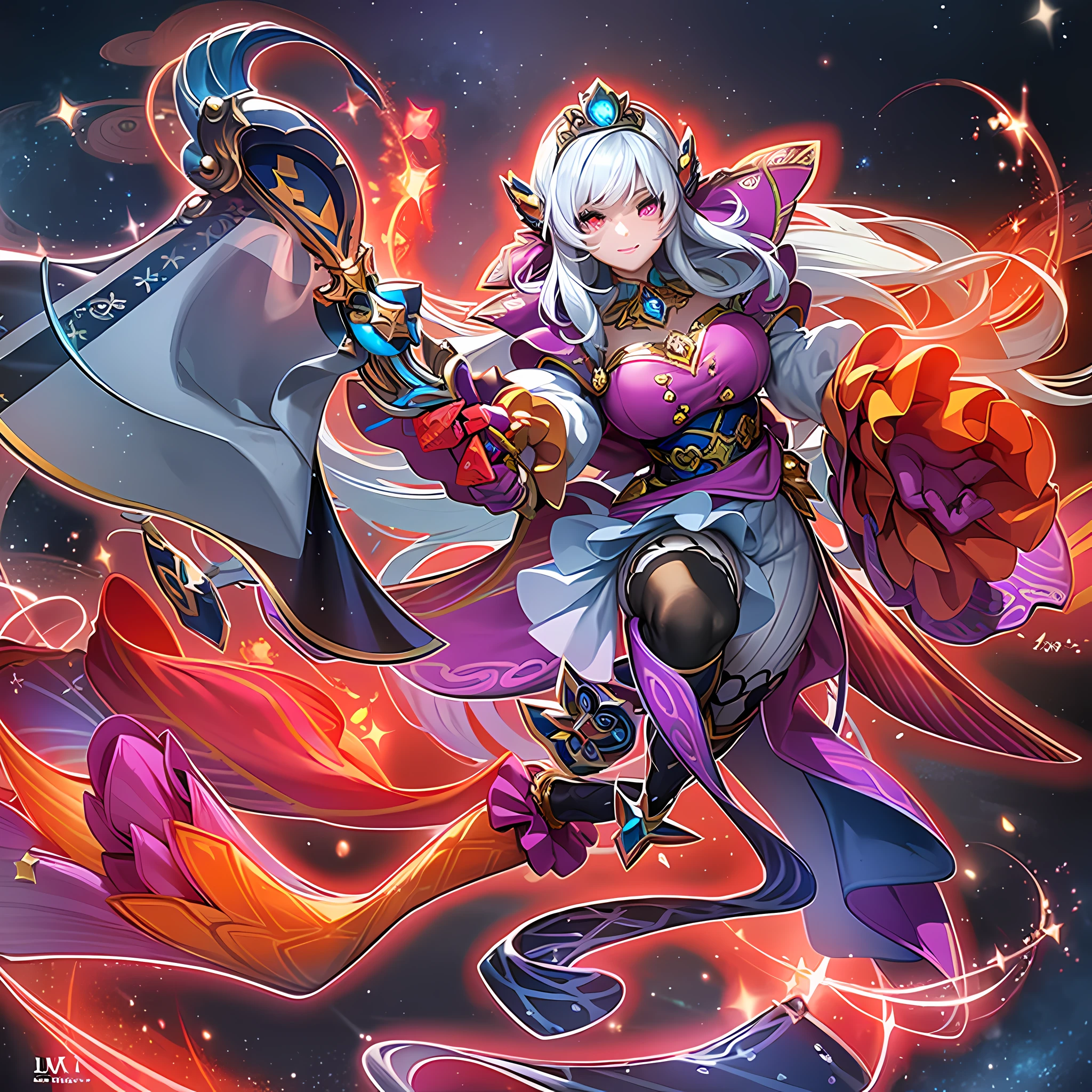 Pick dye, white hair, (magical girl)), ((gorgeous starry sky background), ((super detailed)), (best illustration), ((movie lighting)), dynamic angle, floating, fine, (Glitter: 1.2), (Glow: 1.2), (Glow: 1.2), (Glow: 1.2), (Glow: 1.2), (Exquisite), (Illustration: 1.2), (Animation Style), (Solo), Pretty Detailed Emoji, (Cute Face: 1.3), (Big Eyes)), Color Hair, (Long Hair: 1.2), (Flowing Hair: 1.2), (Magical Girl Costume), Details, (Shiny Wand: 1.3), (Magic Effect: 1.3), (Flowing Dress: 1.2), (Cute Boots: 1.1), (Twinkle: 1.2), (Glow: 1.2), (Glow: 1.2) , (sparkle: 1.2), (sparkle: 1.2), (sparkle: 1.2), (shimmer: 1.2.)