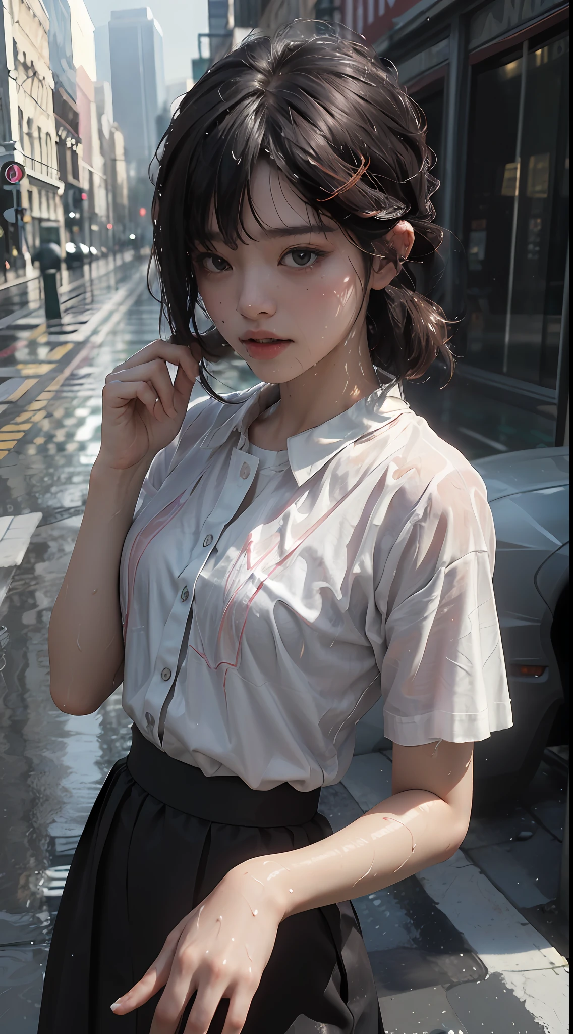 best quality, masterpiece, ultra resolution, (fidelity:1.4), photos, 1 pretty girl with white shirt, movie, (wet clothes, real rain, wet hair,..