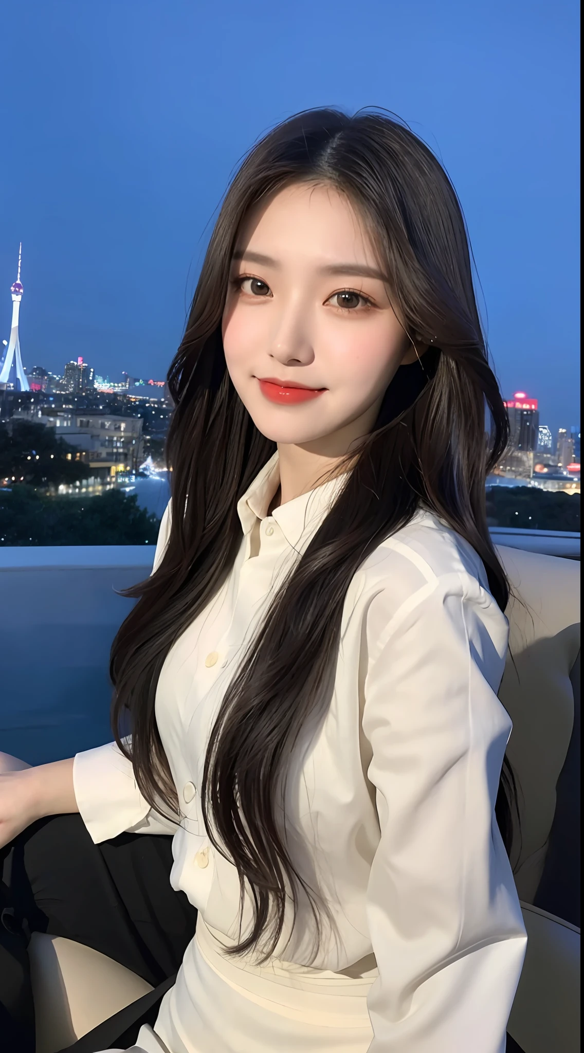 20 years old, pure beauty, danfeng eyes, double eyelids, lying silkworm, long eyelashes, black eyes, deep black hair, graceful body, showing slender waist, white shirt, pleated skirt, face highlight, smile, look at me, bust photo, background, city night view, Tyndall light, filter rendering, ultra-fine, HD, HD, HD quality, detail, 18k ultra-HD resolution, top effects, master works, bust photos.