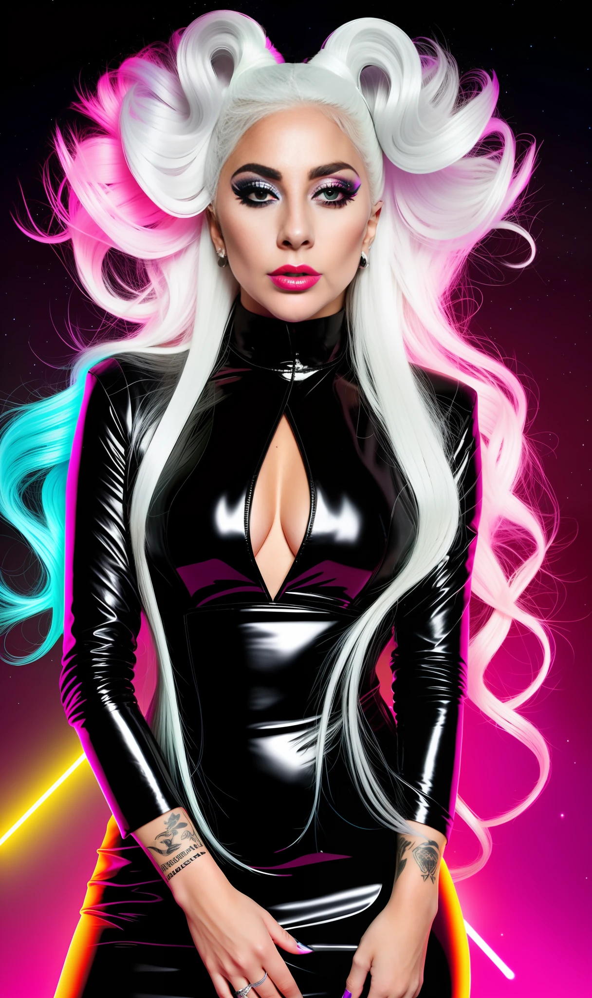 lady gaga with neon print black dress,white hair, 4K texture, long hair, high quality, extravagant hairstyle, original album cover, 8k image, futuristic, high image quality, at night, hair accessories, very realistic and defined face, HD, full body,various poses