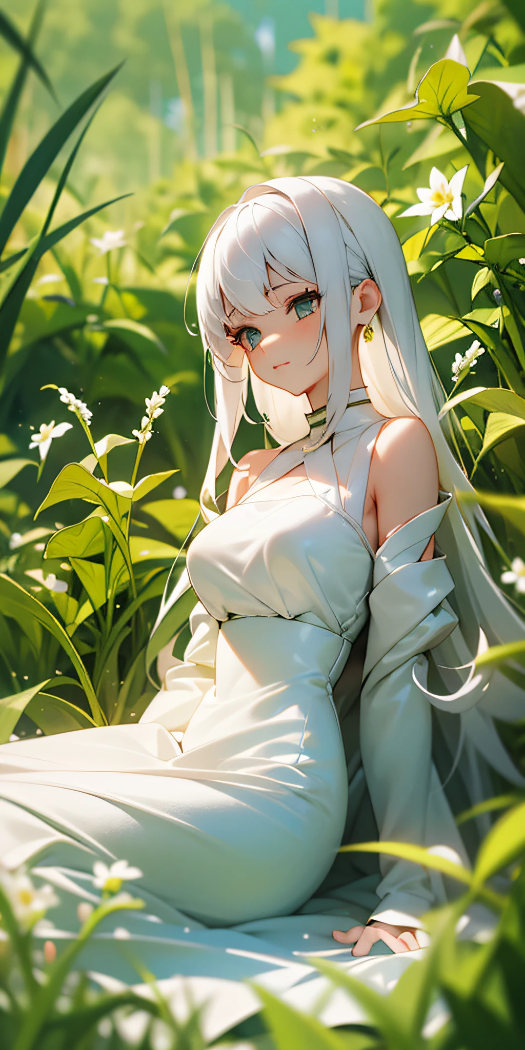 (Masterpiece, best quality), 1 long girl with white hair sitting in a field of green plants, warm lighting, white dress, blurred foreground, large backlit shot, pose lazy and comfortable, white dress, picture clean and healing