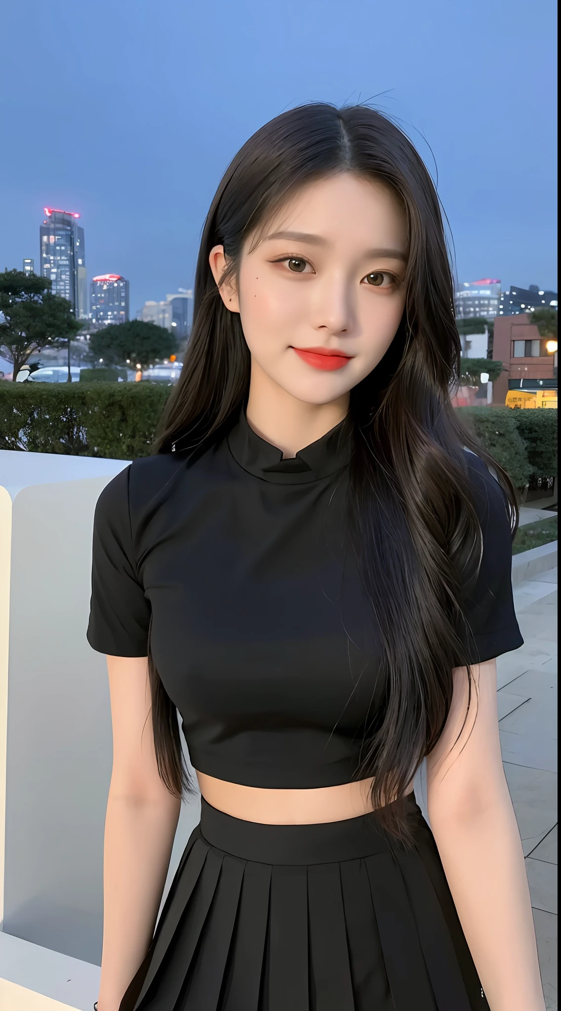 20 years old, pure beauty, danfeng eyes, double eyelids, lying silkworm, long eyelashes, black eyes, deep black hair, graceful body, showing slender waist, JK uniform, pleated skirt, face highlight, smile, look at me, bust photo, background, city night scene, Tyndall light, filter rendering, super fine, HD, HD, HD picture quality, detail, 18k ultra HD resolution, top effect, master work, bust photo.