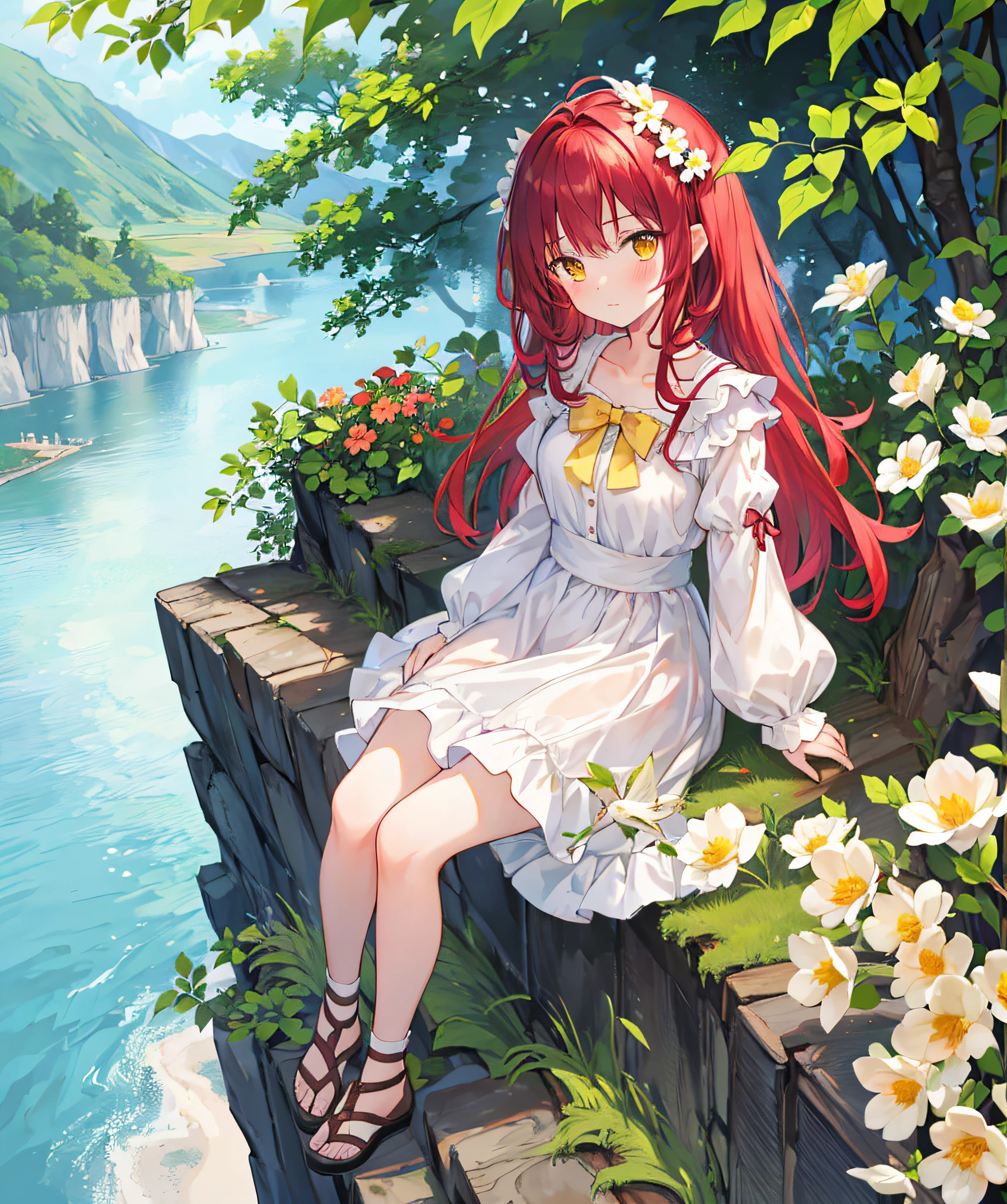 materpiece, ultra detail, natural light, 1 girl, sitting at the edge of a cliff, full body, studing, looking at the viewer, cascade background, birds flying, white dress, long dark red hair, yellow eyes, embarrased face, blush, holding a book, tree, lake, flowers, rabbit