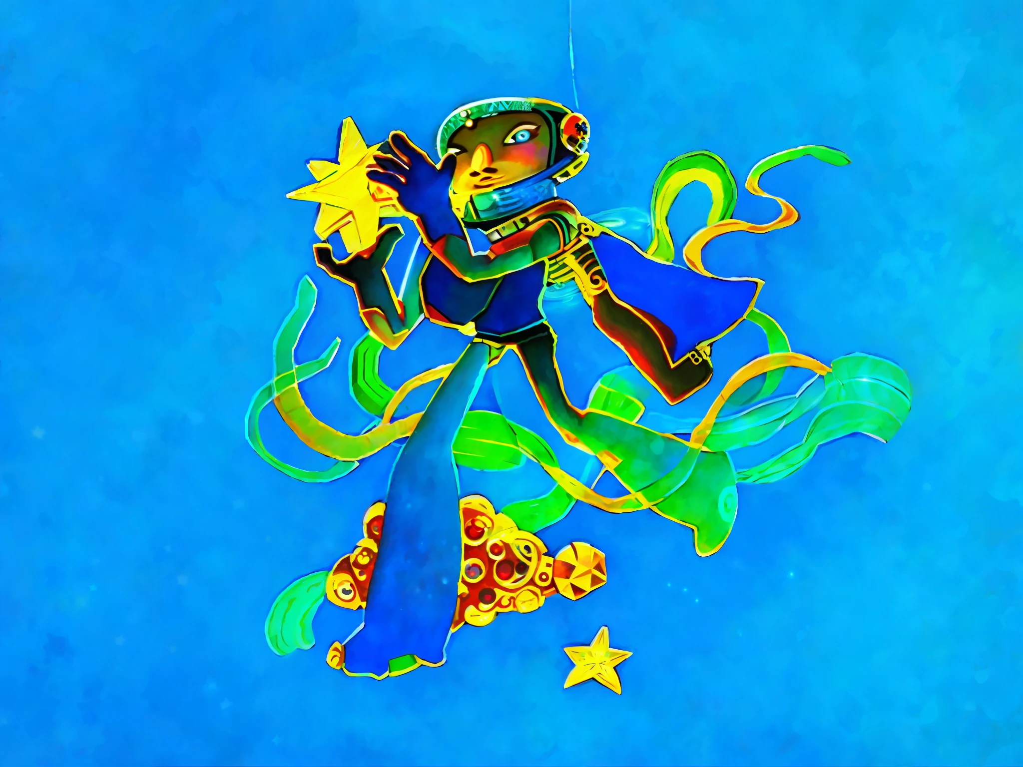 Cartoon characters astronauts, multi-faceted volumes, glowing stone stars, stylized lines, intergalactic explorers, blue-green and charming tones, colored pencils, oil illustrations,