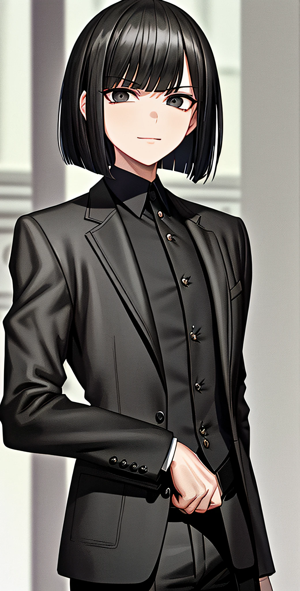 masterpiece, best quality, expressive eyes, perfect face, 1boy, black hair, bob cut, wide black eyes, wearing black gloves, black suit jacket, black shorts, smug, HD, masterpiece, mansion, slim upper body, smug, best quality